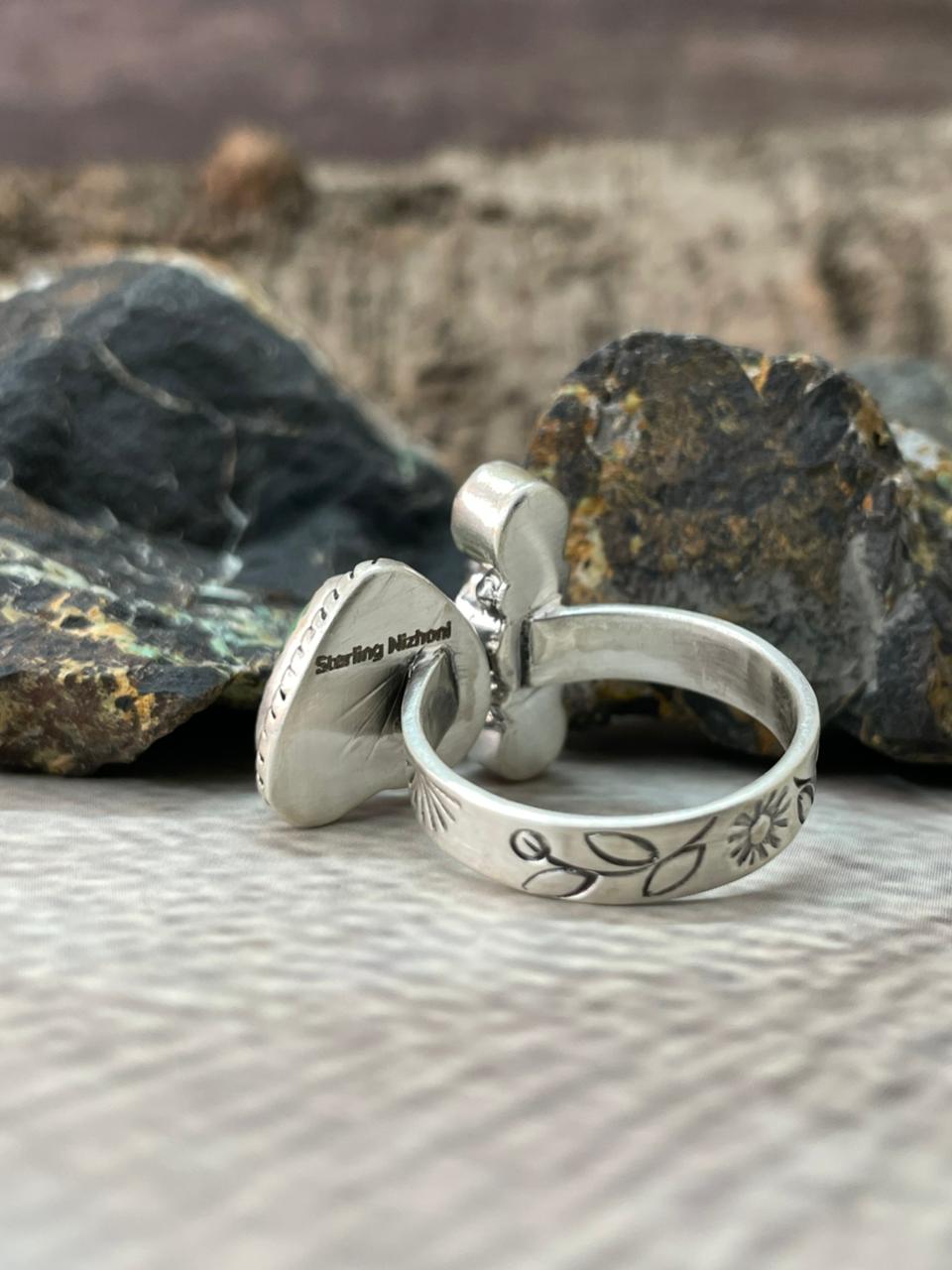 Handmade Sterling Silver Sonoran with Cut Stones Adjustable Ring "Signed Nizhoni"
