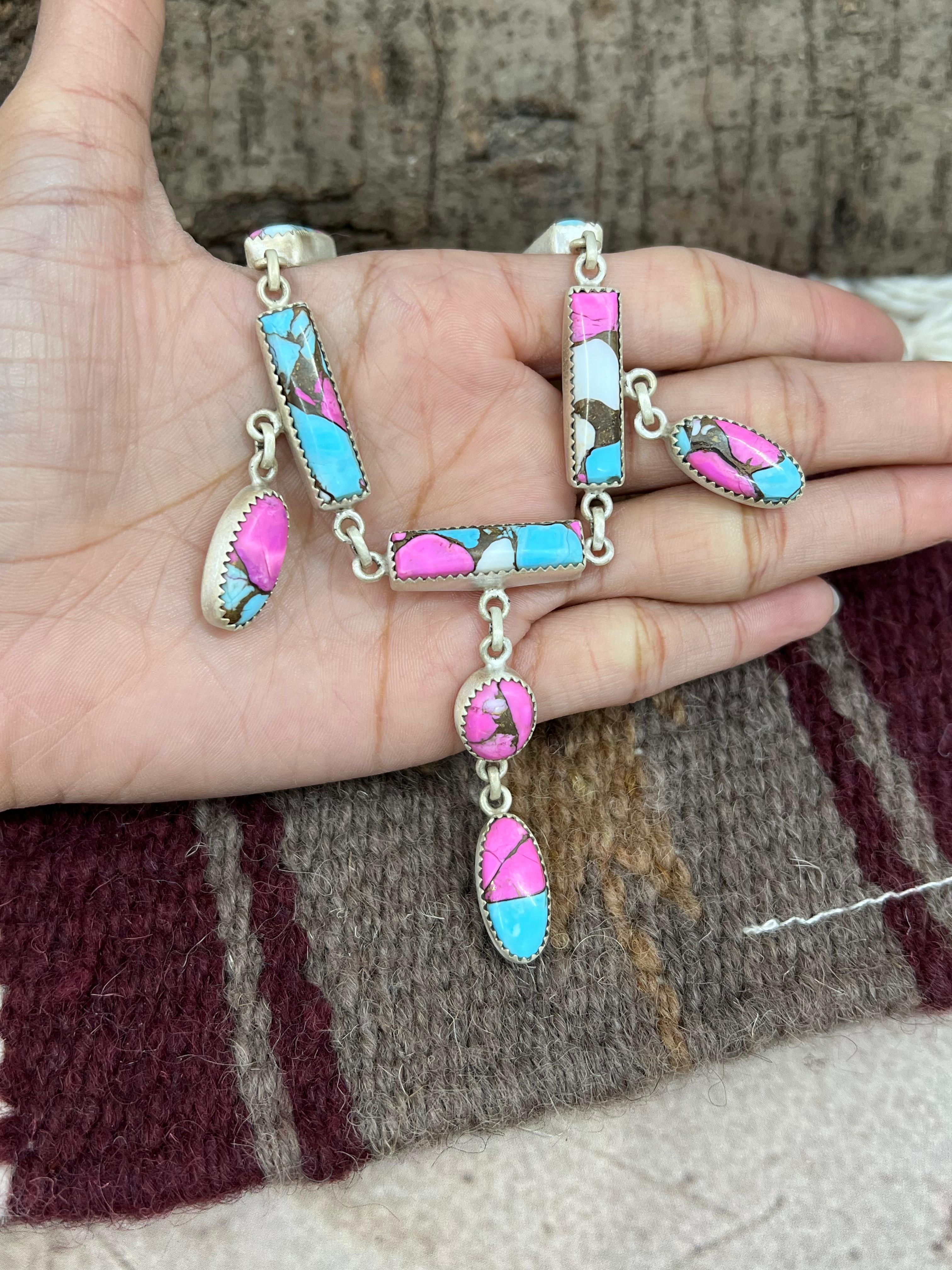 Handmade Sterling Silver Cotton Candy Turquoise Necklace with Signed Nizhoni