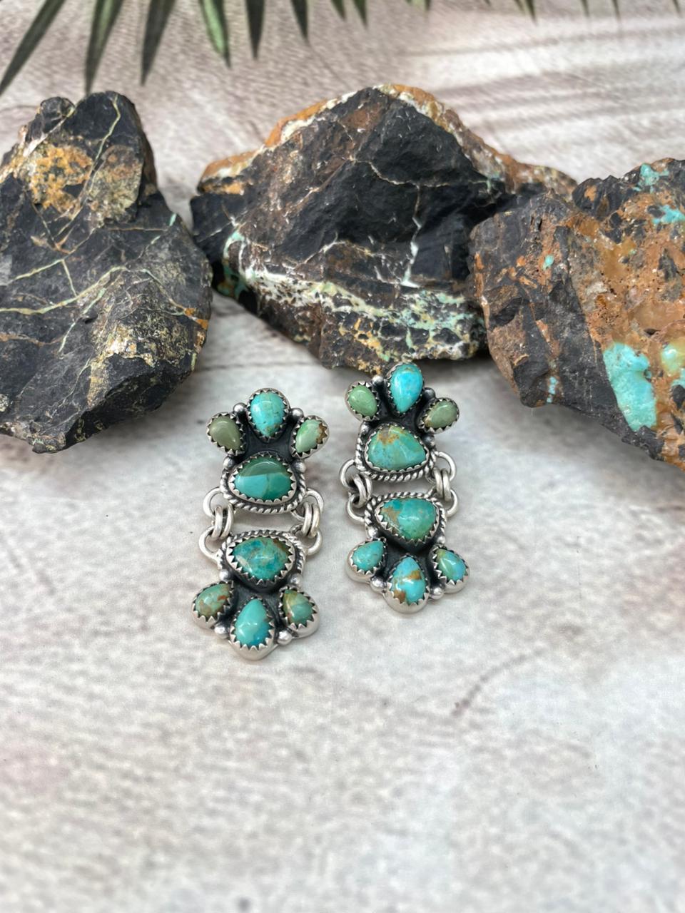 Handmade Sterling Silver Kingman Turquoise Post Dangle Earrings "Signed Nizhoni"