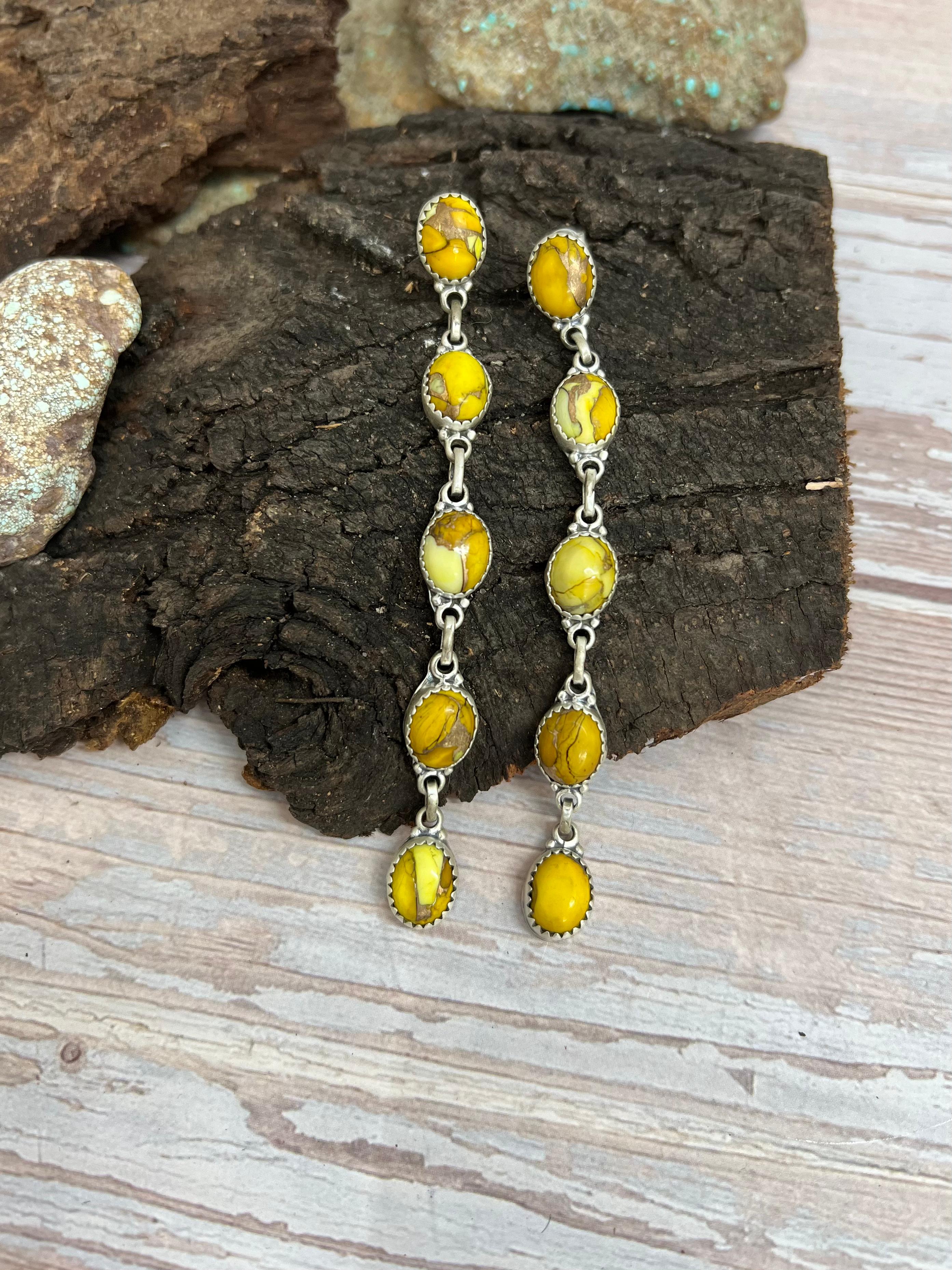 Handmade Sterling Silver Honey Dahlia Post Dangle Earrings with Signed Nizhoni