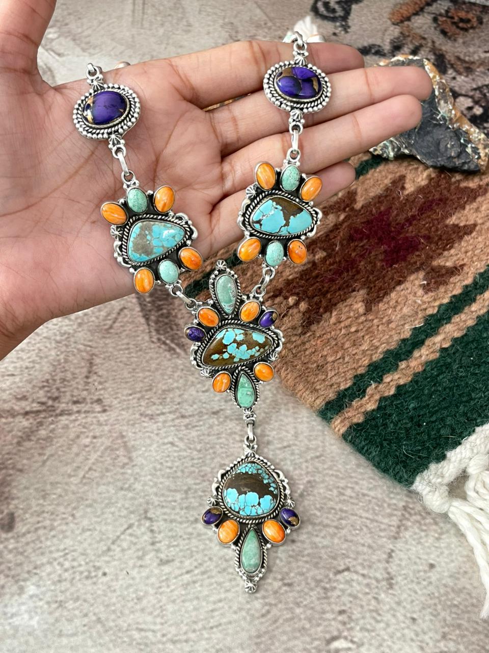 Handmade Sterling Silver Orange Oyster with Grape Dahlia, Number 8 and Variscite Necklace "Signed Nizhoni"