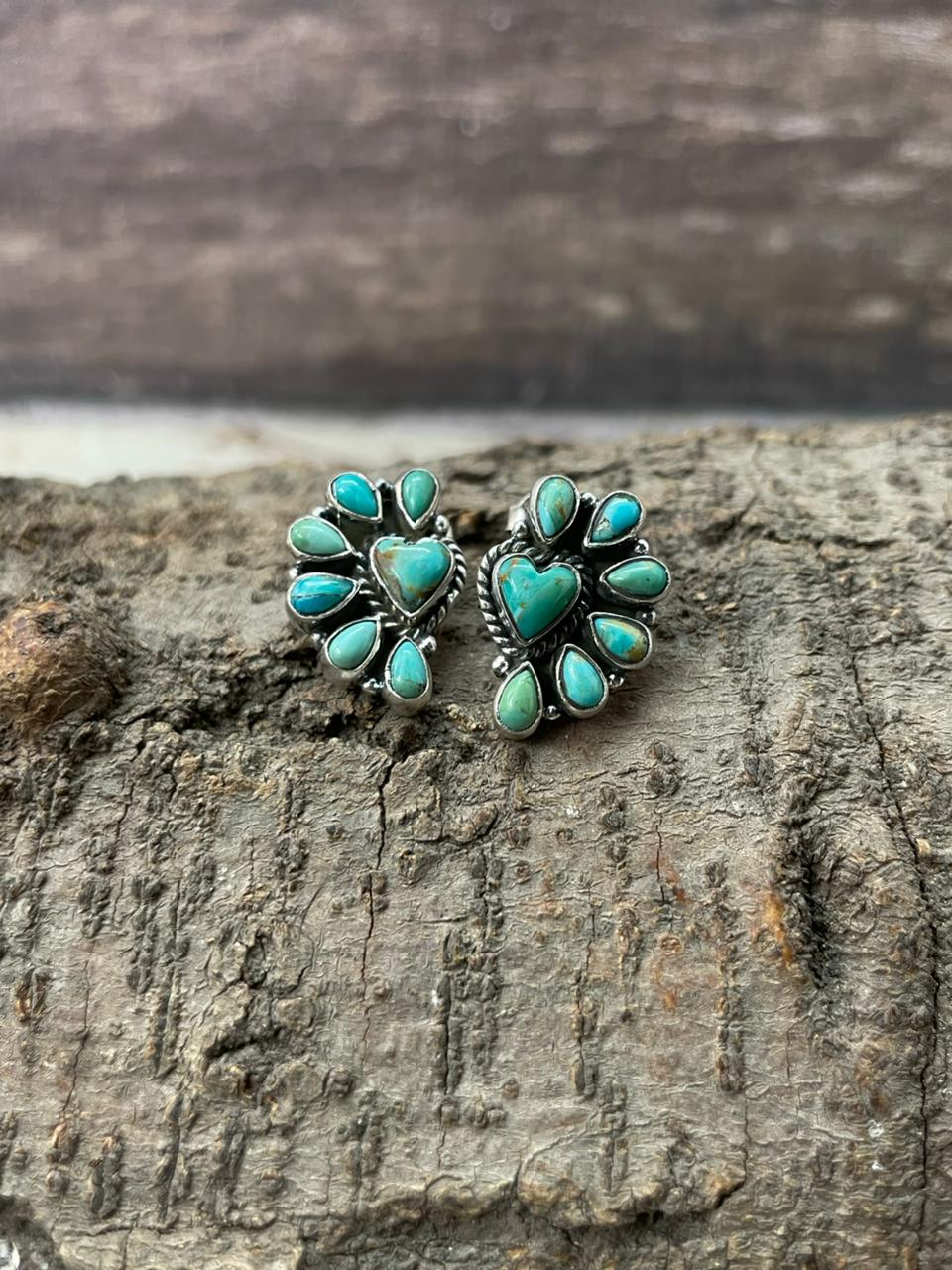 "Heart Collection" Handmade Sterling Silver Kingman Turquoise Post Studs Earrings "Signed Nizhoni"