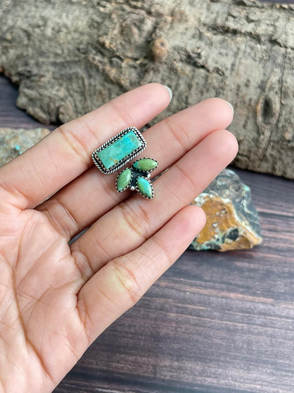 Handmade Sterling Silver Kingman Turquoise Adjustable Ring "Signed Nizhoni"