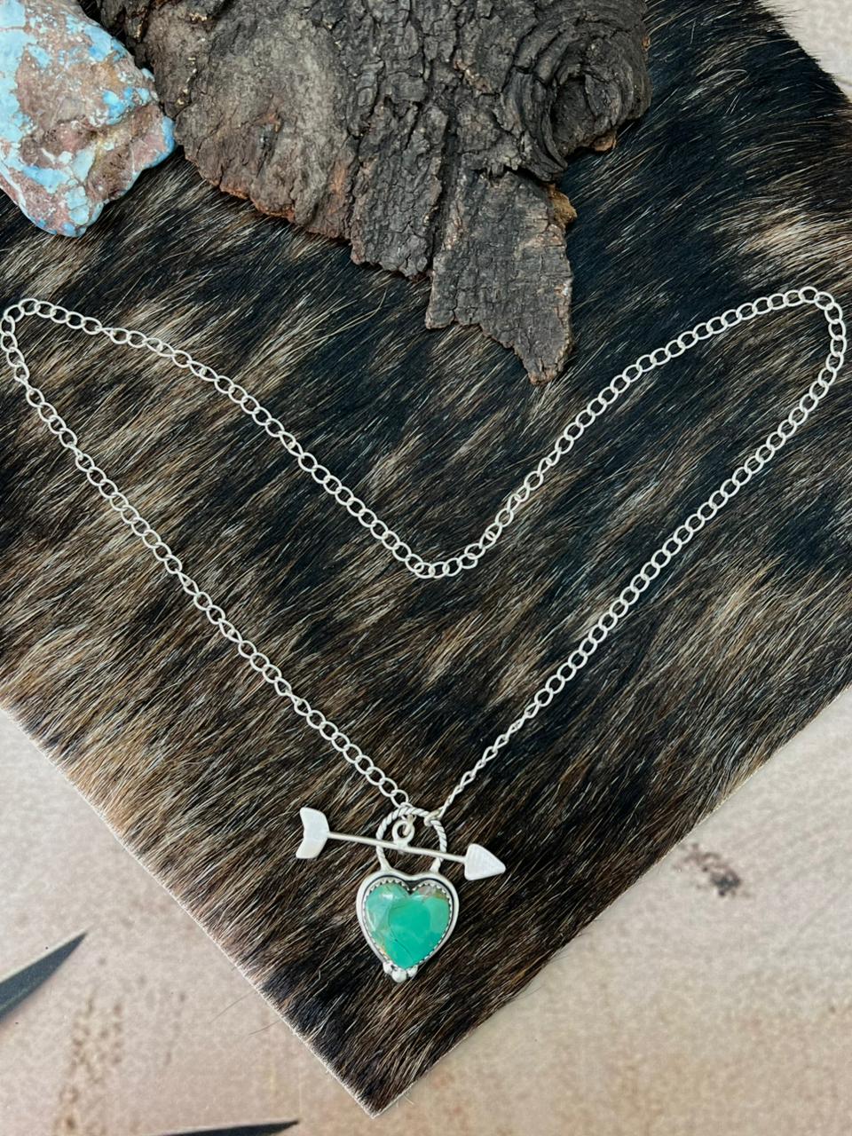 Handmade Sterling Silver Kingman Turquoise Heart Pendant Necklace "Signed Nizhoni"