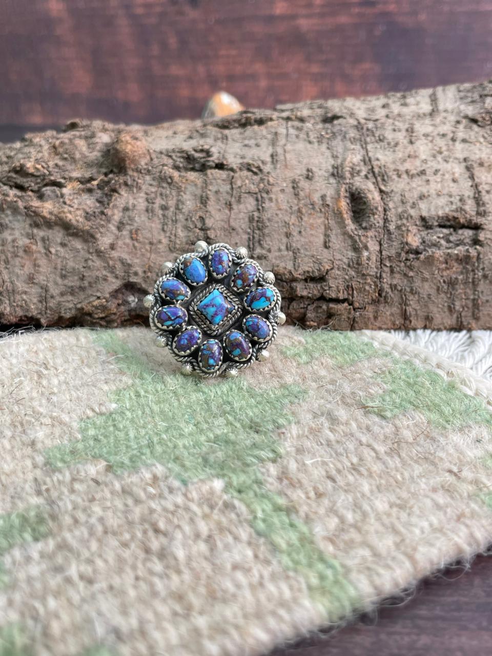 Handmade Sterling Silver Purple Copper Turquoise Adjustable Ring "Signed Nizhoni"