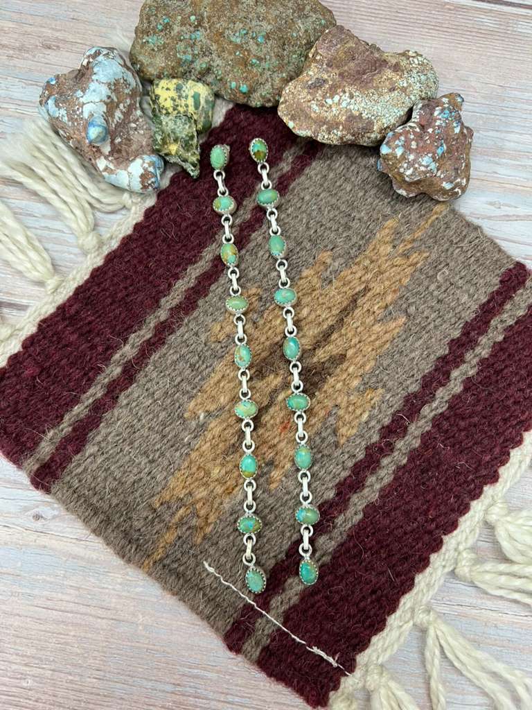 Handmade Sterling Silver Kingman Turquoise Post Dangle Earrings "Signed Nizhoni"