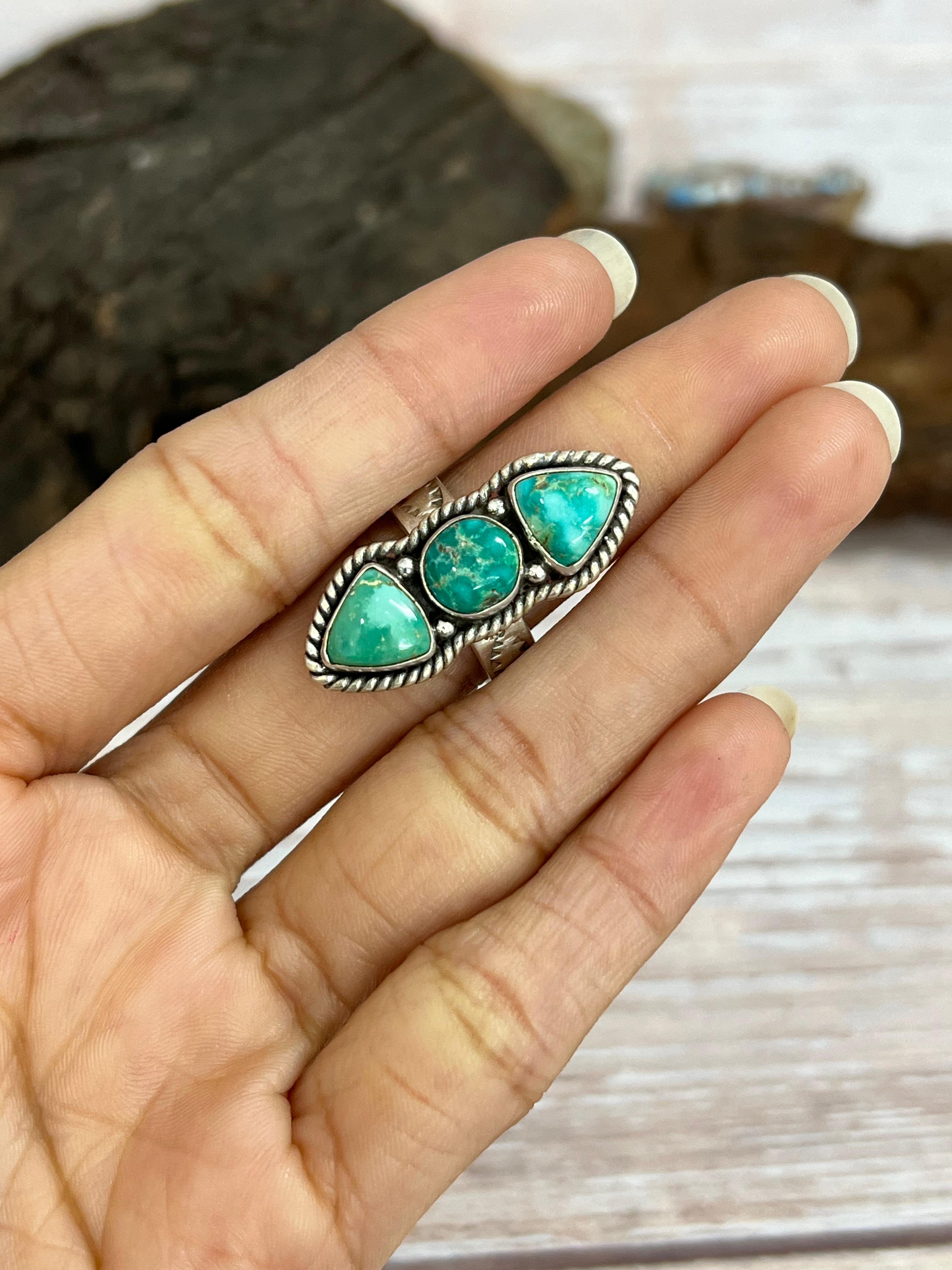 Handmade Sterling Silver Emerald Valley Adjustable Ring with Signed Nizhoni