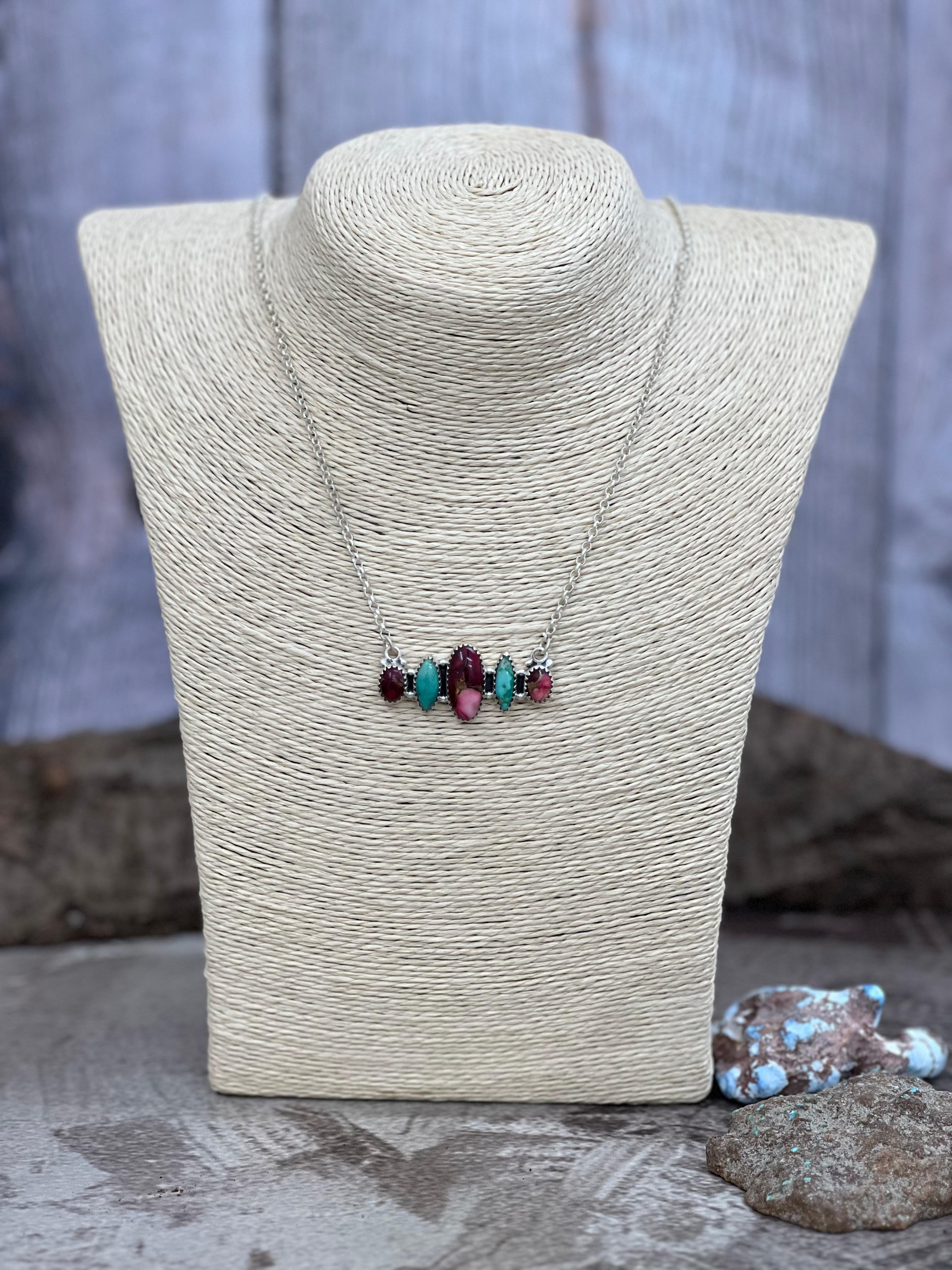 Handmade Sterling Silver Dahlia Rose with Emerald Valley Bar Necklace with Signed Nizhoni