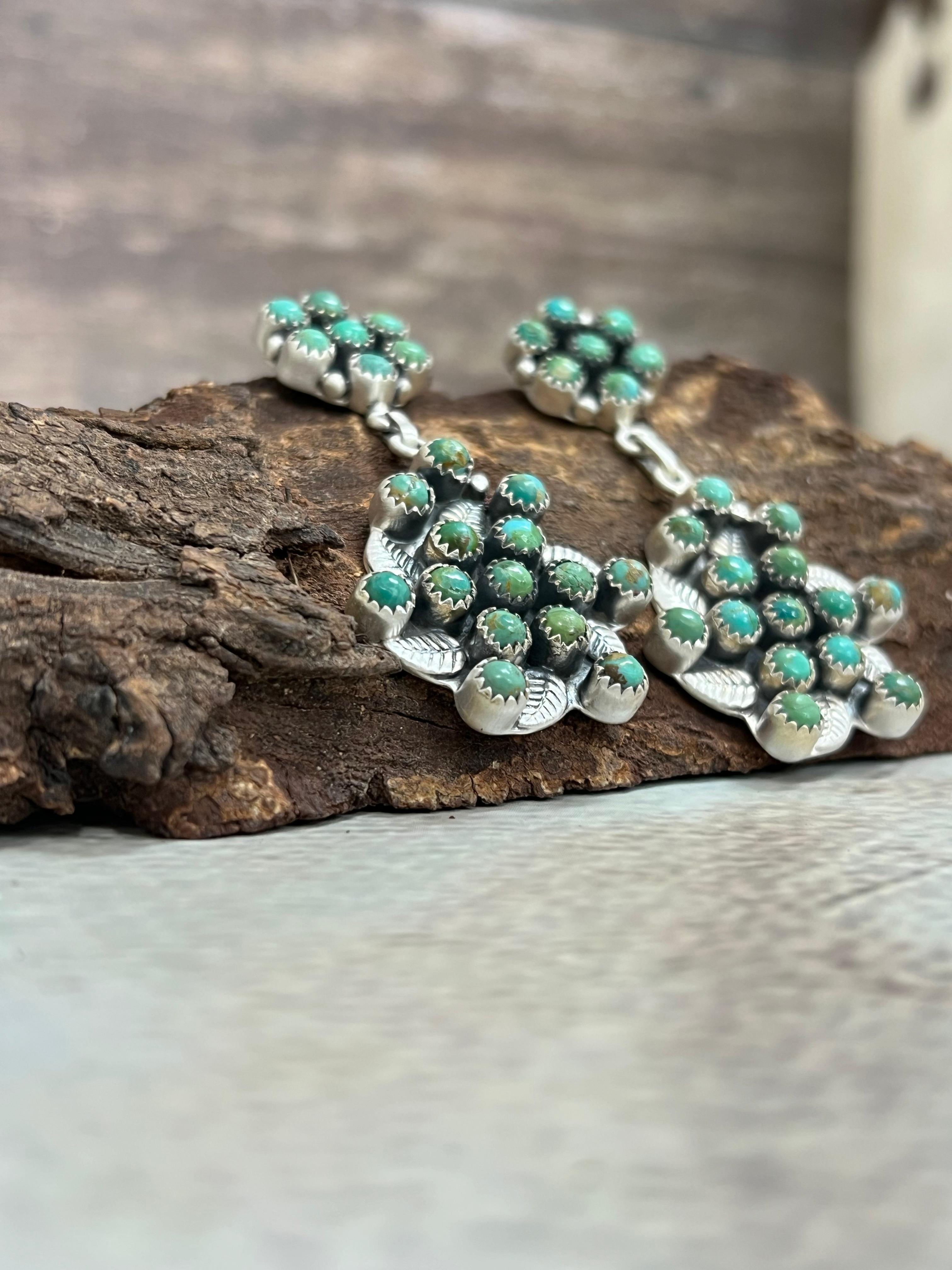 Handmade Sterling Silver Kingman Turquoise Post Dangle Earrings with Signed Nizhoni