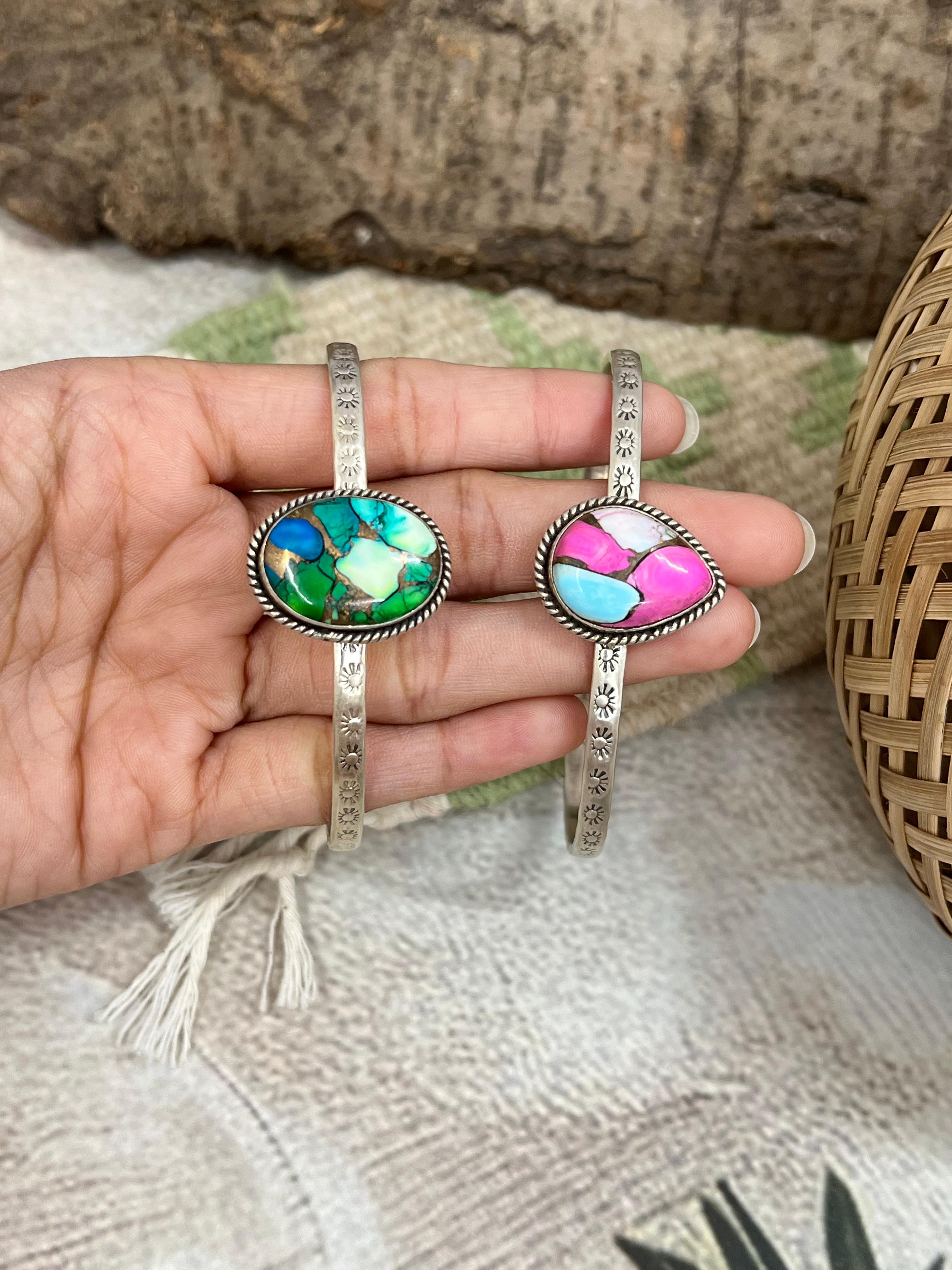 Handmade Sterling Silver Peacock Dahlia, Cotton Candy Cuff Bracelet with Signed Nizhoni