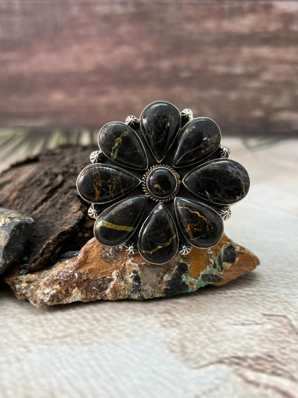 Handmade Sterling Silver Blackjack Turquoise Adjustable Ring " Signed Nizhoni"