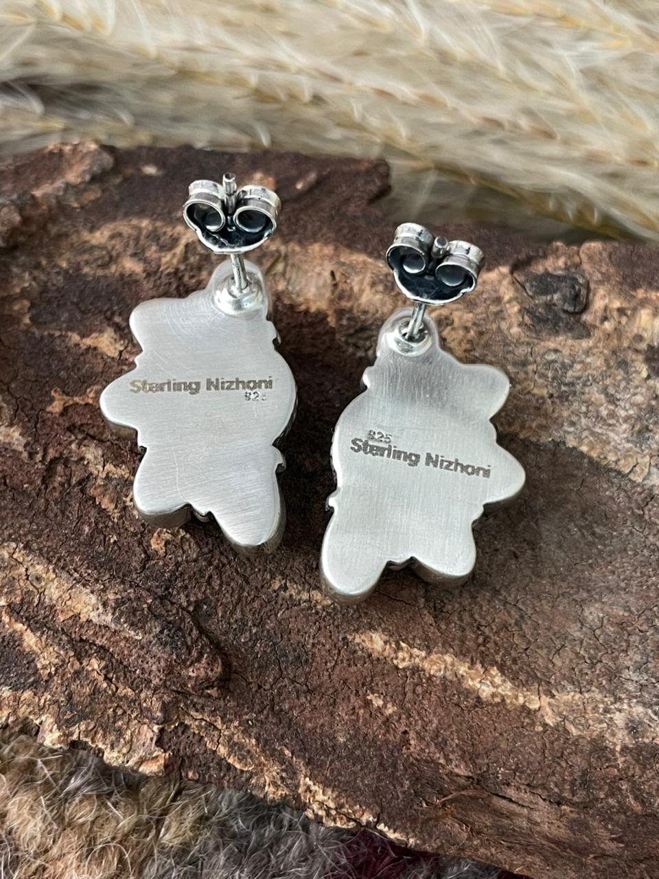 Handmade Sterling Silver Black Onyx Post Studs Earrings "Signed Nizhoni"