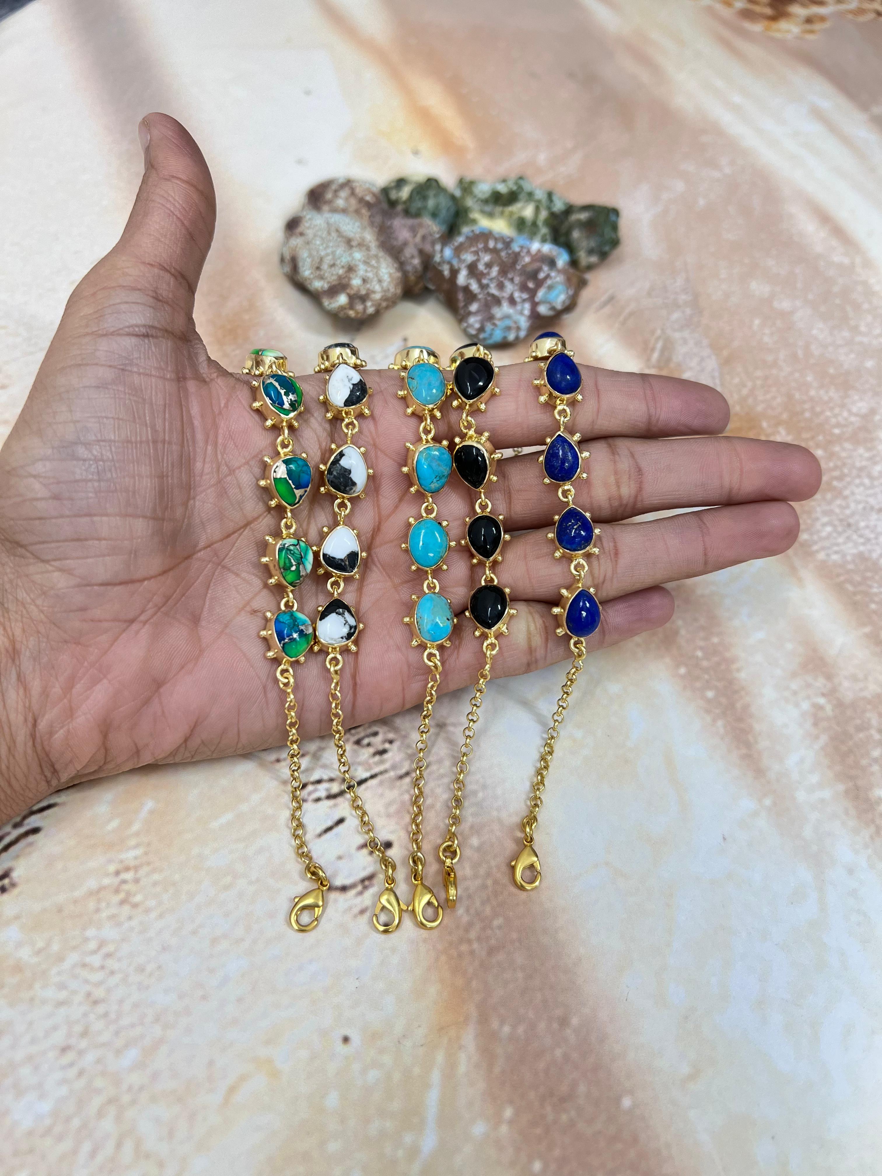 “The Golden Collection” Handmade Natural Gold Plated Peacock Dahlia, Kingman, Black Onyx, Lapis, White Buffalo Turquoise Bracelet