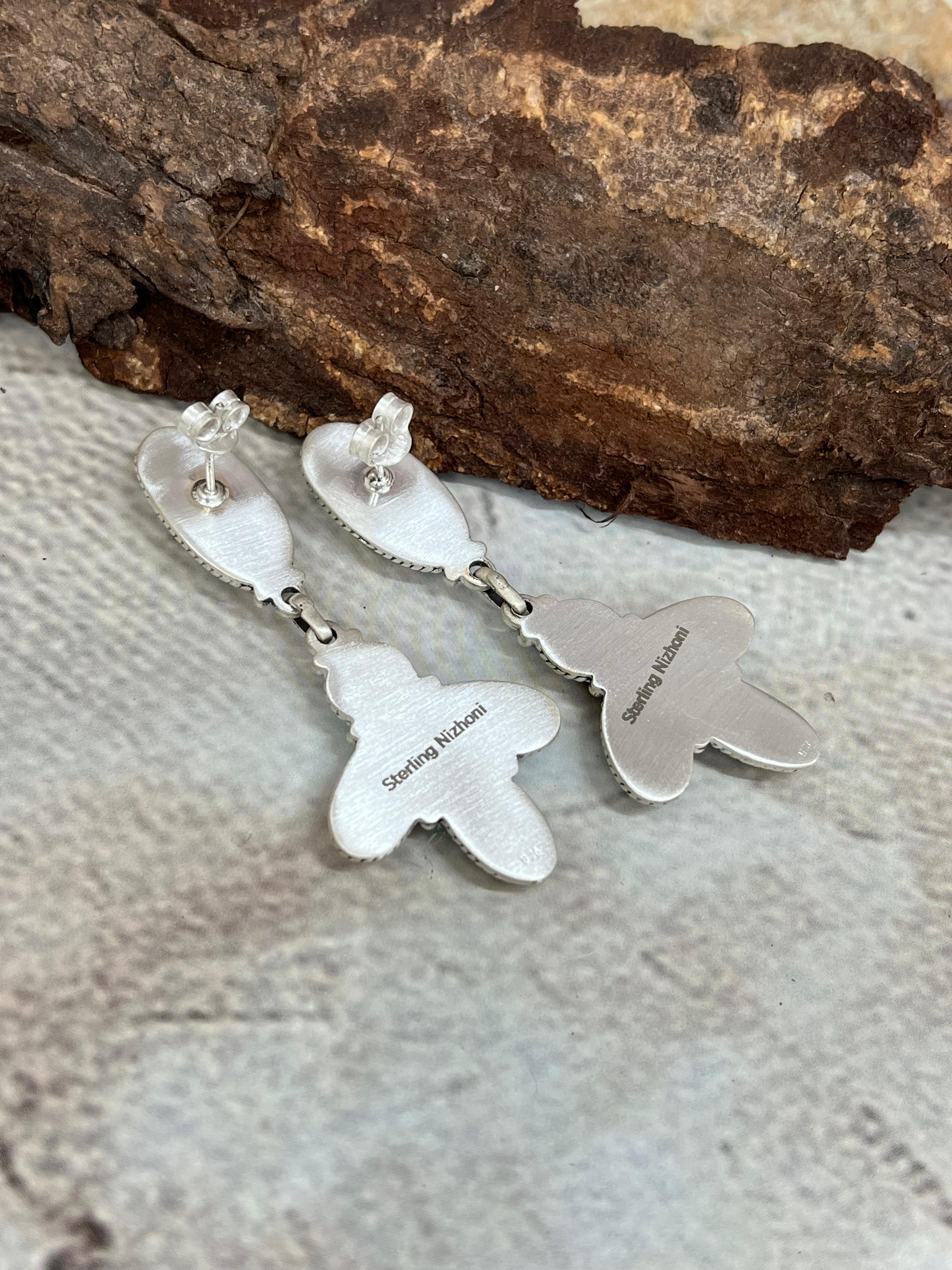 Handmade Sterling Silver Kingman Turquoise Post Dangle Earrings with Signed Nizhoni