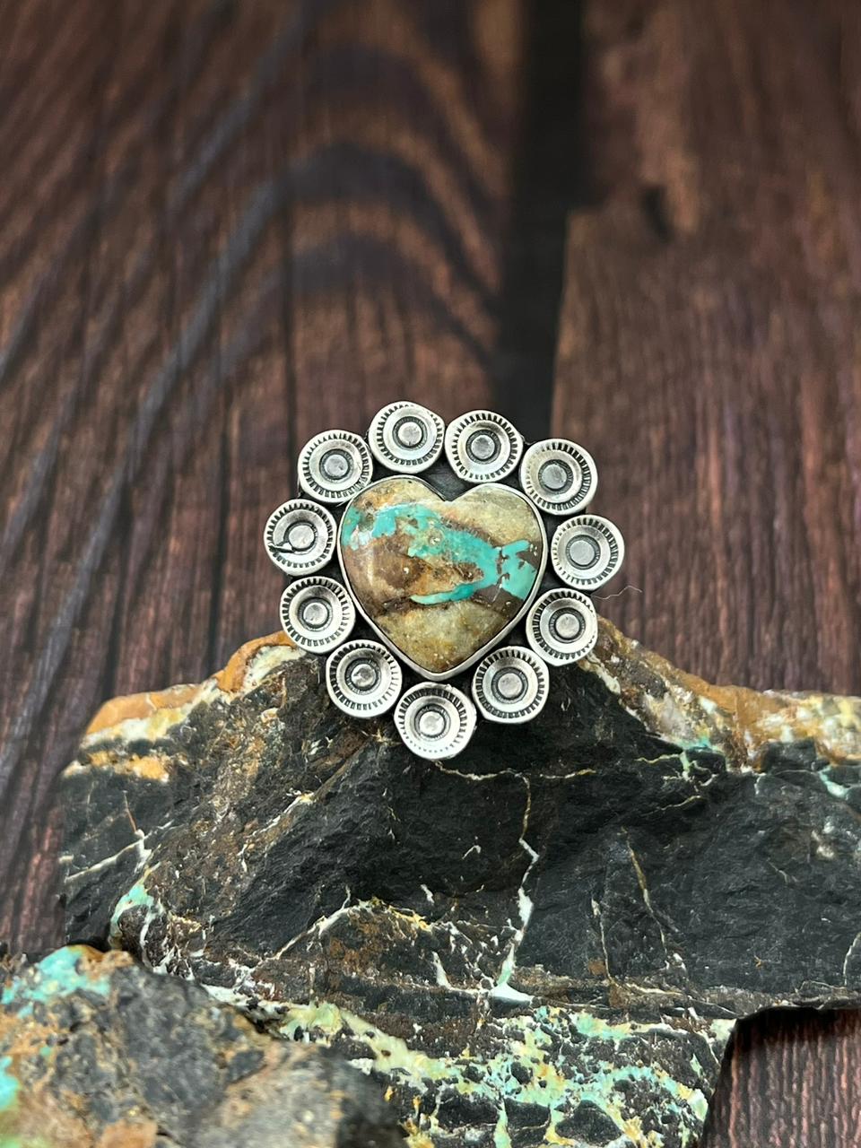 Handmade Sterling Silver Royston Ribbon Turquoise Heart Adjustable Ring "Singed Nizhoni"