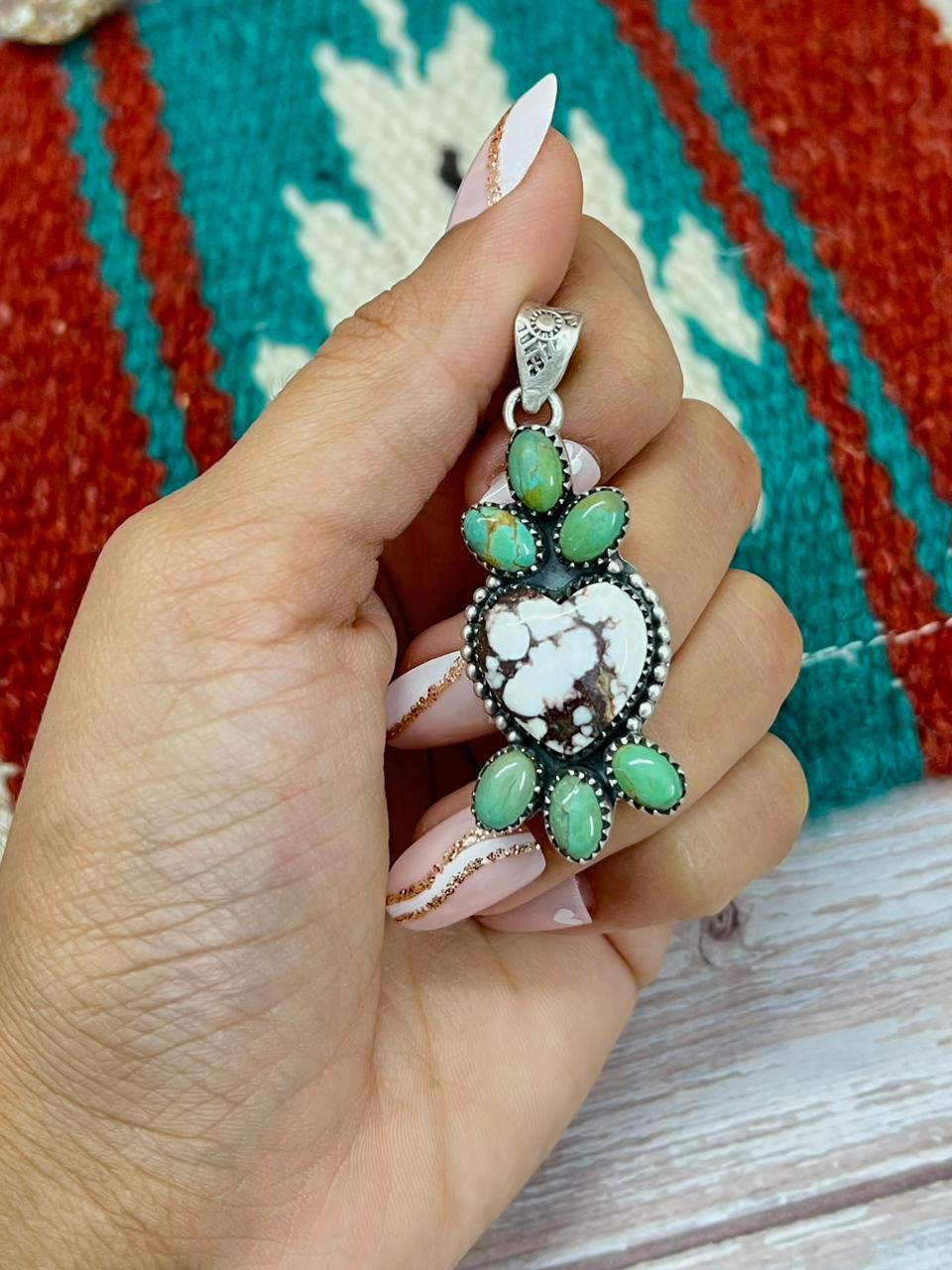 Handmade Sterling Silver Kingman Turquoise with Wildhorse Pendant "Signed Nizhoni"