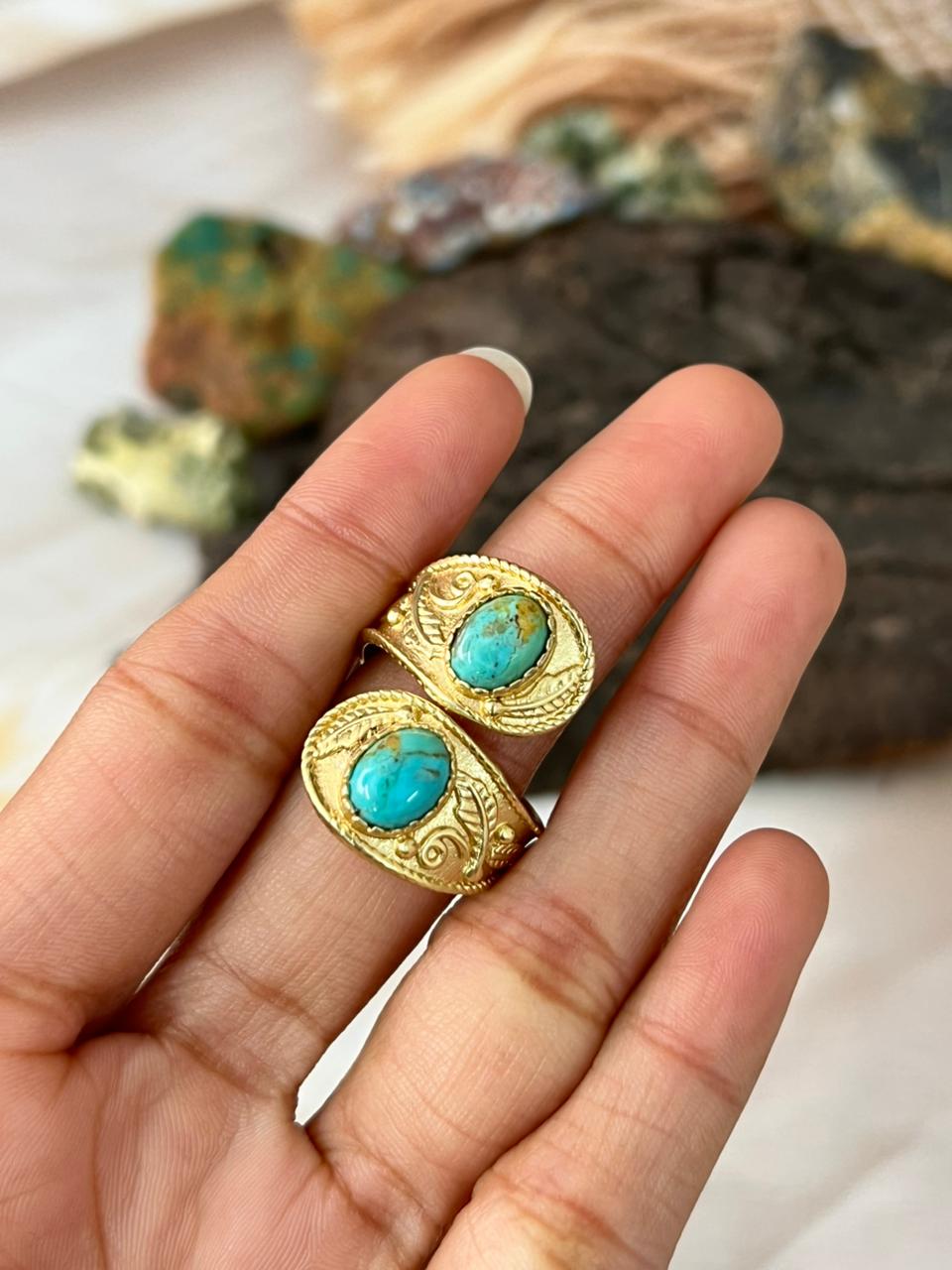 The Golden Collection: Handmade Kingman Turquoise Crossover Gold Adjustable Ring