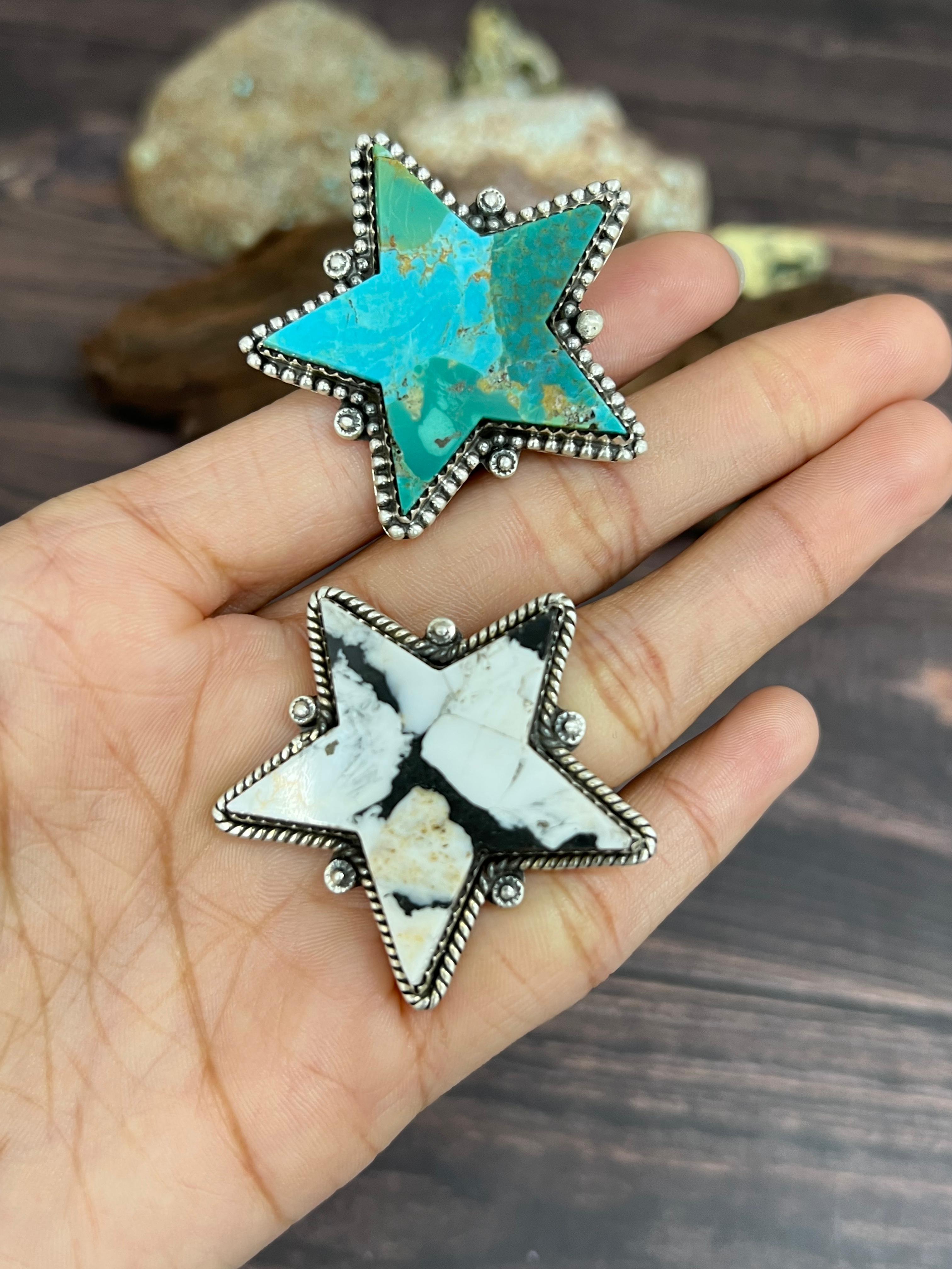 Handmade Sterling Silver White Buffalo, Kingman Turquoise Star Adjustable Ring, Signed Nizhoni (1)