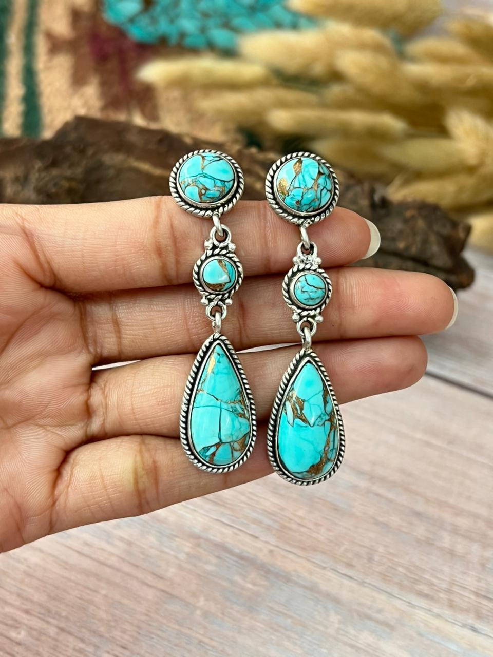 Handmade Sterling Silver Mint Dahlia Collection: Post Dangle Earrings "Signed Nizhoni"
