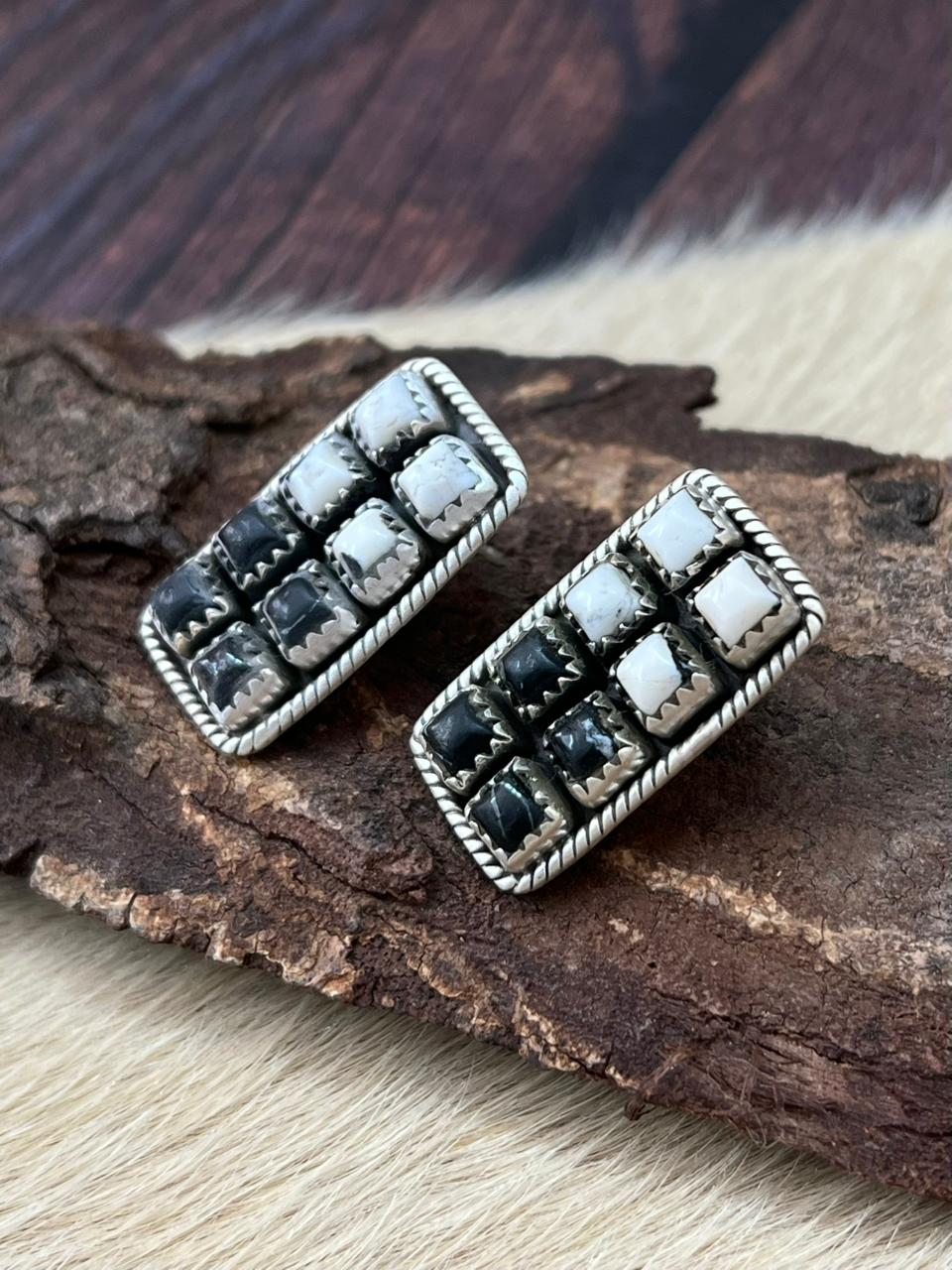 Handmade Sterling Silver White Buffalo Post Studs Earrings "Signed Nizhoni"