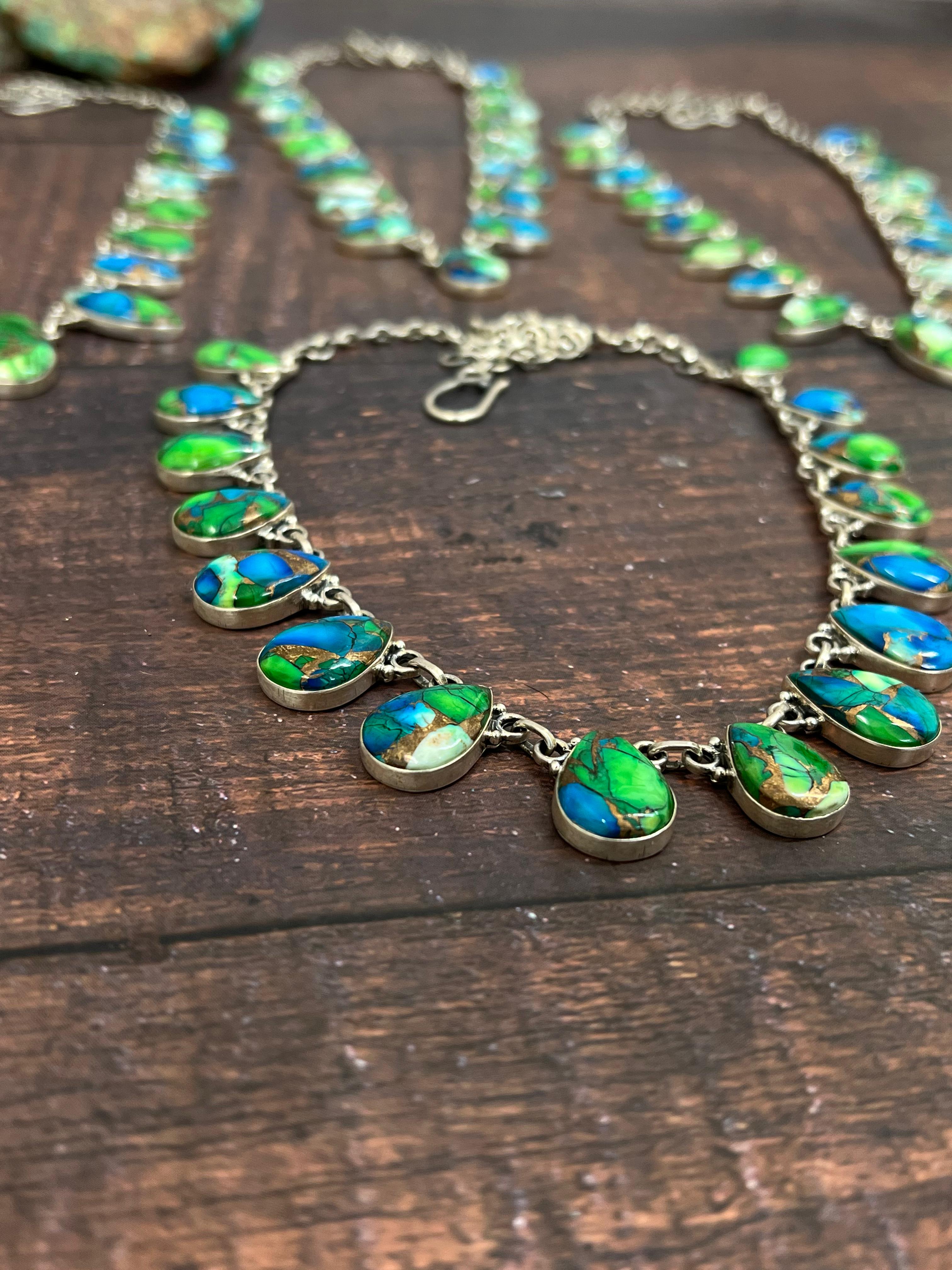 Handmade Sterling Silver Peacock Dahlia Necklace with Signed Nizhoni