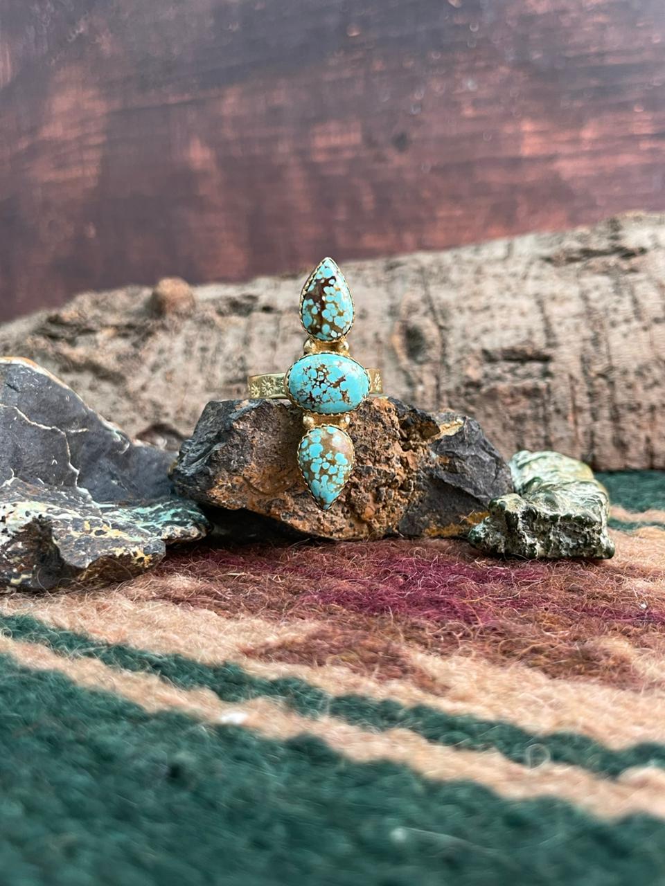 “The Golden Collection” Handmade Number 8 Turquoise with Gold 3 Stone Adjustable Ring