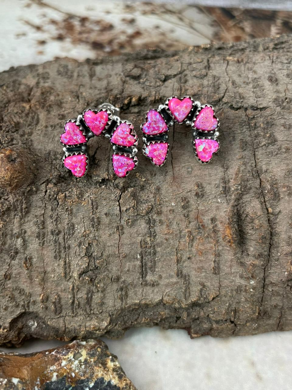 Handmade Sterling Silver Hot Pink Post Studs Earrings "Signed Nizhoni"