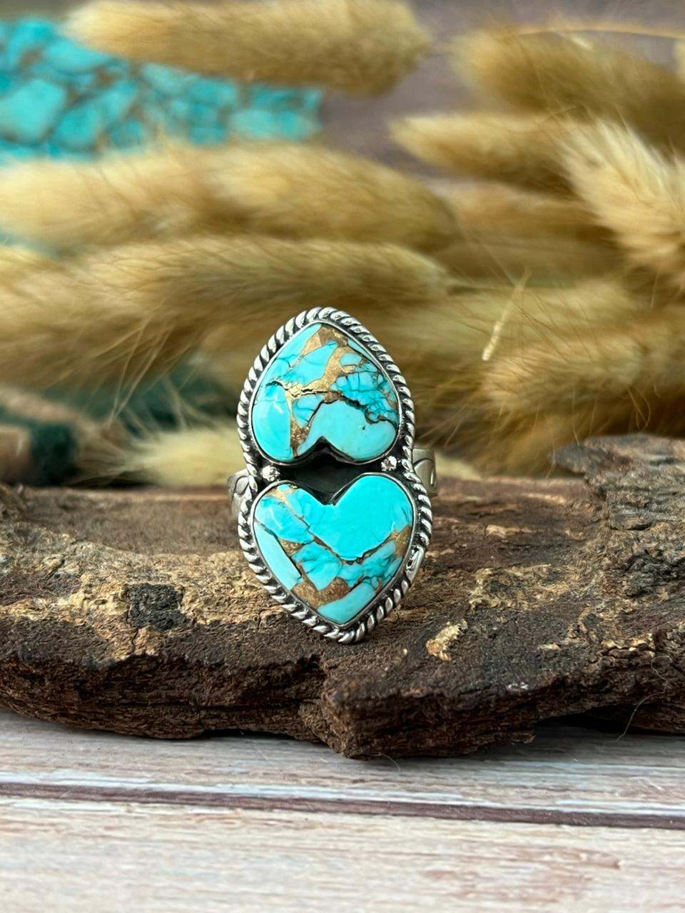 Handmade Sterling Silver Mint Dahlia Collection: Adjustable Heart Shape Ring "Signed Nizhoni" (2)