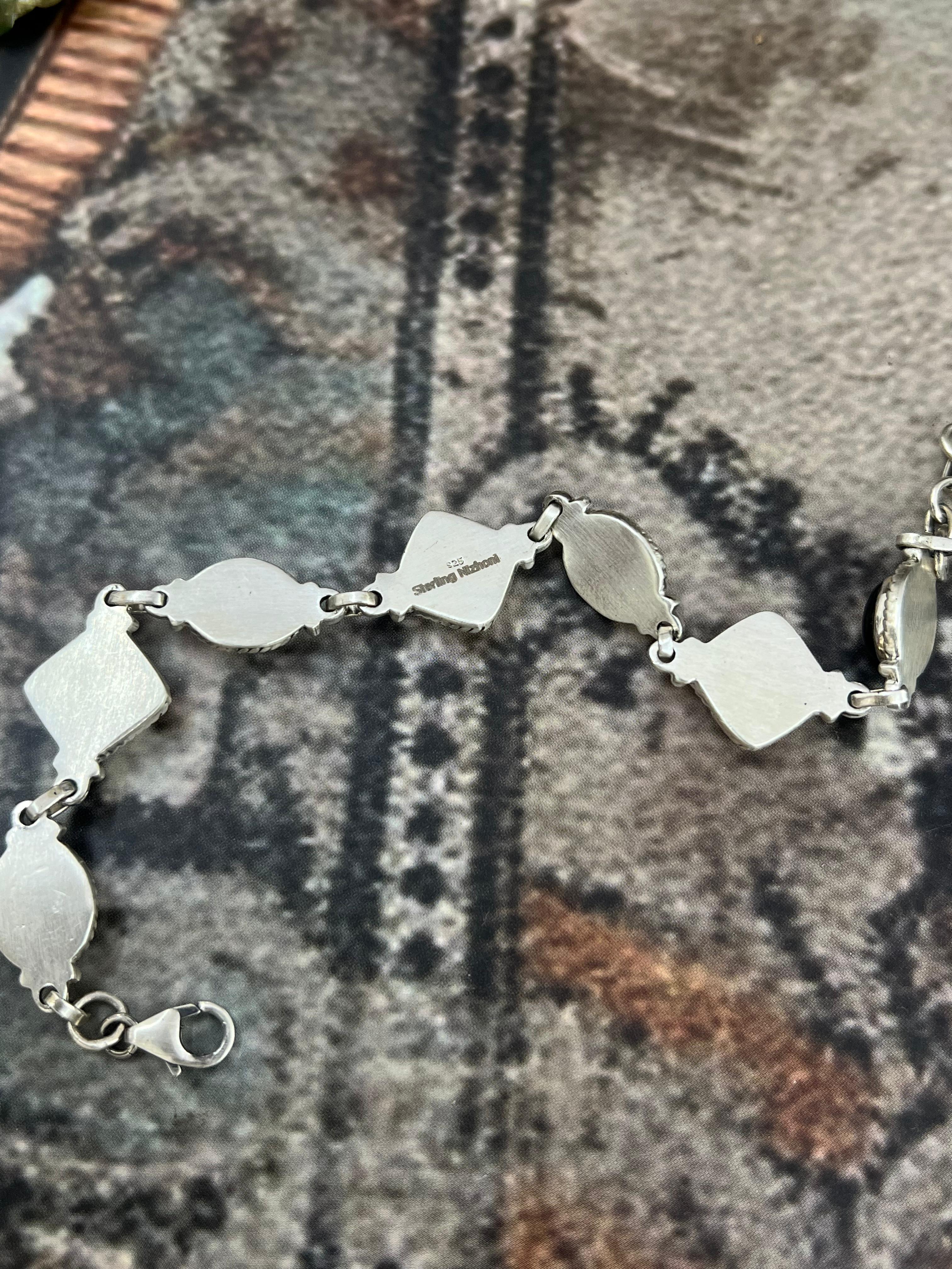 "Halloween Collection" Handmade Sterling Silver Black Onyx, Bumblebee Chain Bracelet with Signed Nizhoni