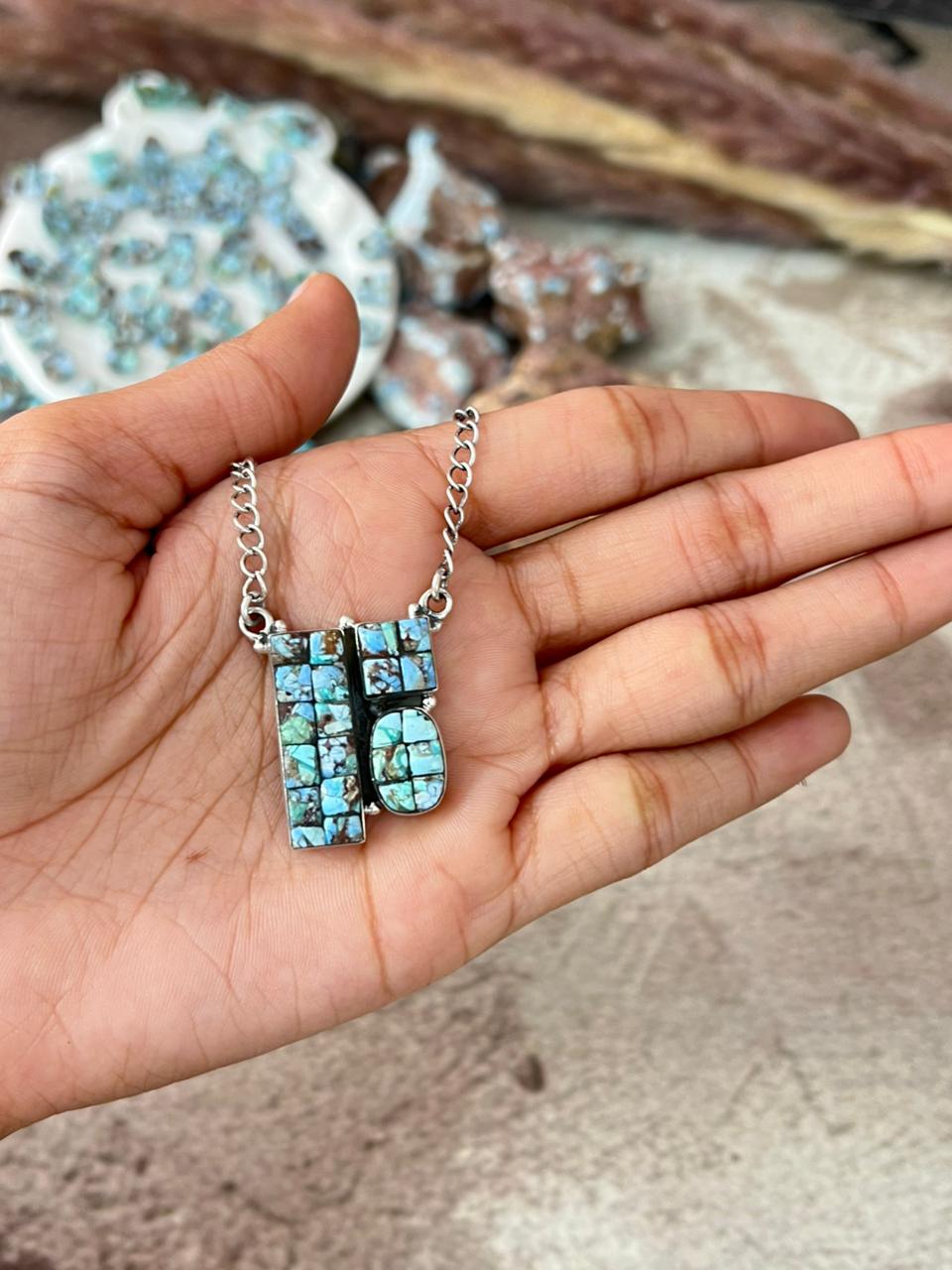 Handmade Sterling Silver 'Golden Hills Turquoise Cobble Collection' Necklace "Signed Nizhoni"