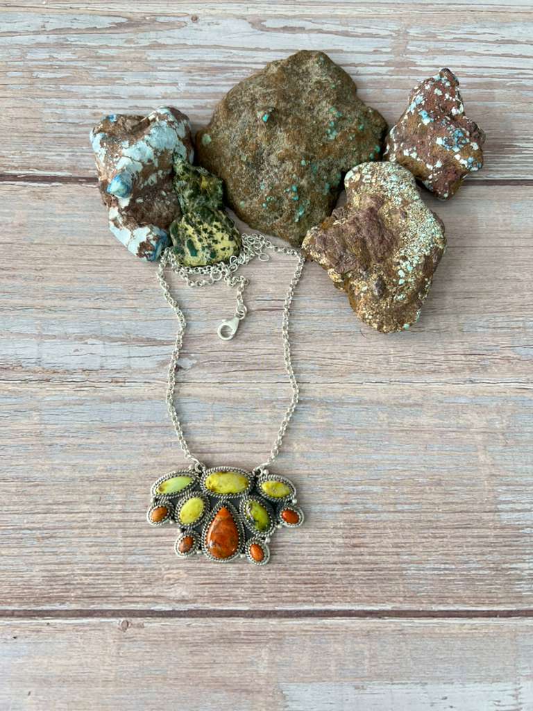 Handmade Sterling Silver Apple Coral and Palomino Necklace "Signed Nizhoni"