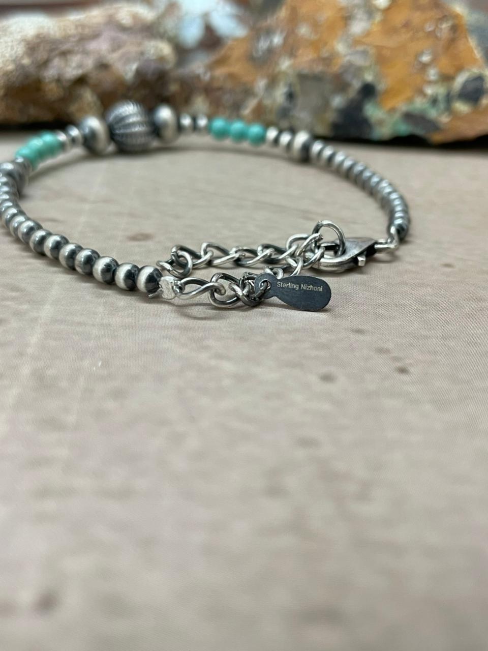 Handmade Sterling Silver Beaded Kingman Turquoise Chain Bracelet "Signed Nizhoni" (7)