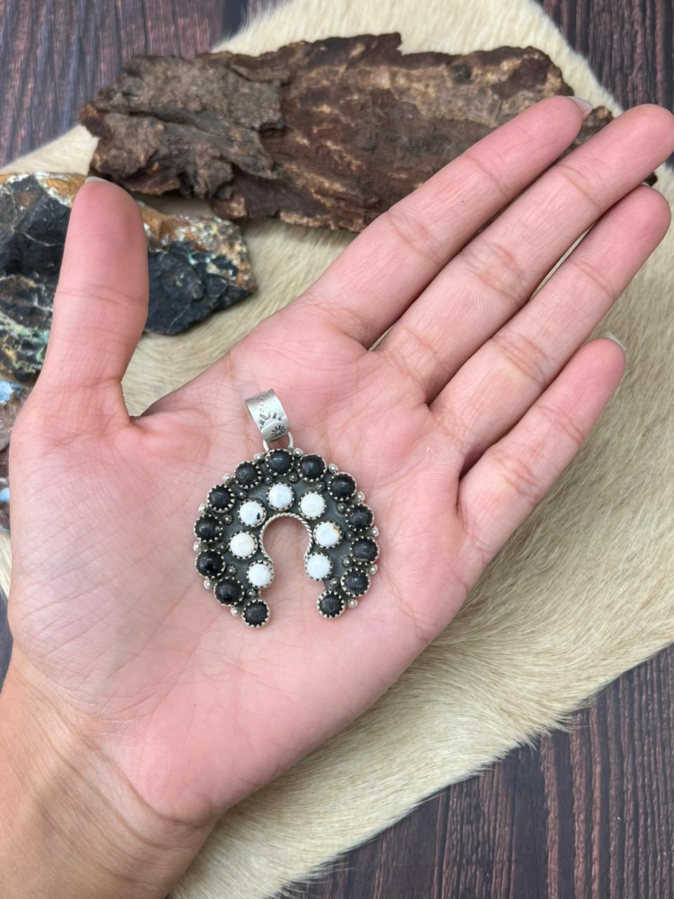 Handmade Sterling Silver White Buffalo Naja Pendant "Signed Nizhoni"