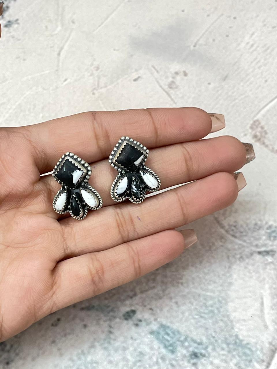 Handmade Sterling Silver White Buffalo Post Studs Earrings "Signed Nizhoni"