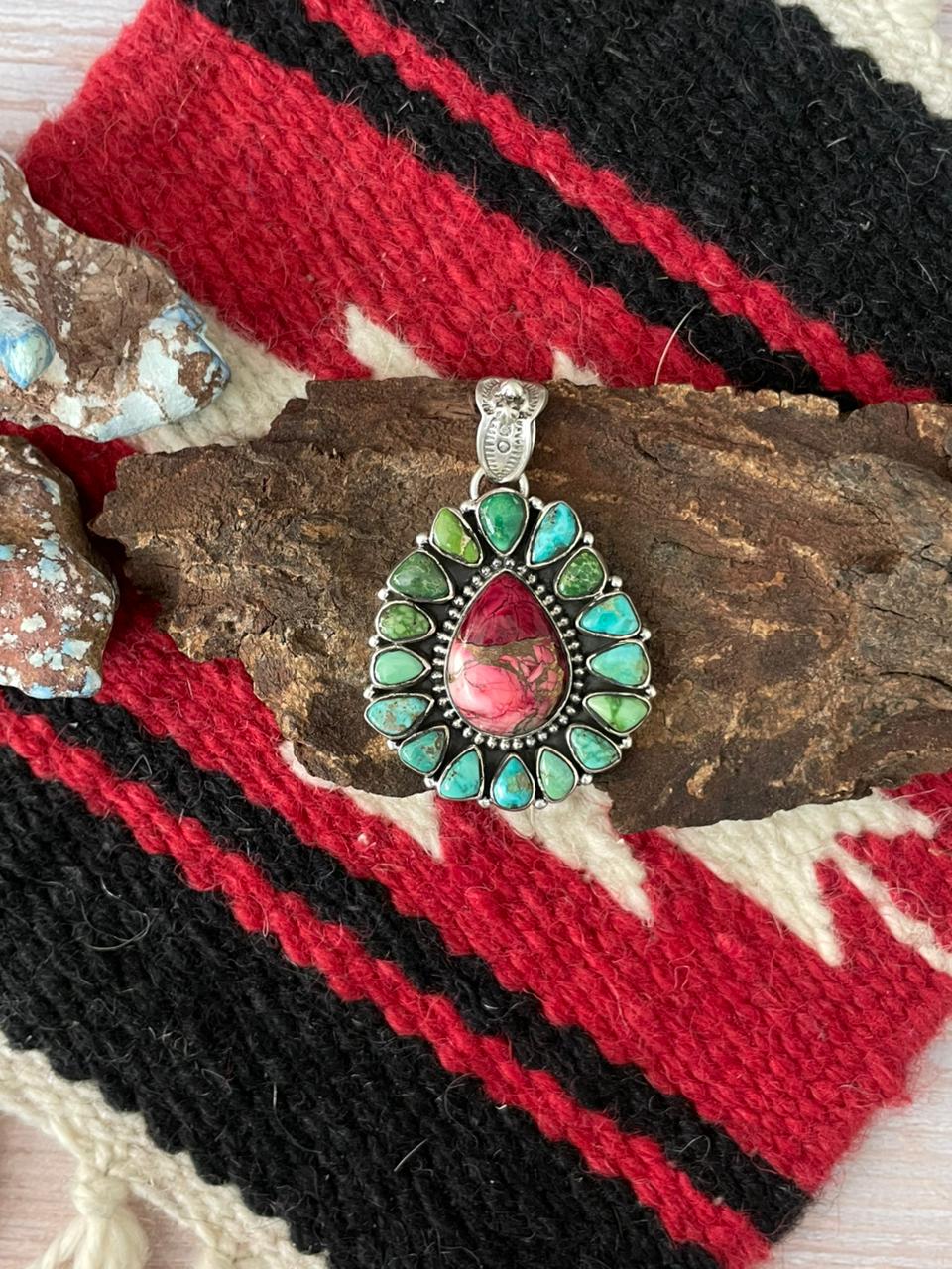 Handmade Sterling Silver Dahlia Rose with Emerald Valley Turquoise Pendant "Signed Nizhoni"