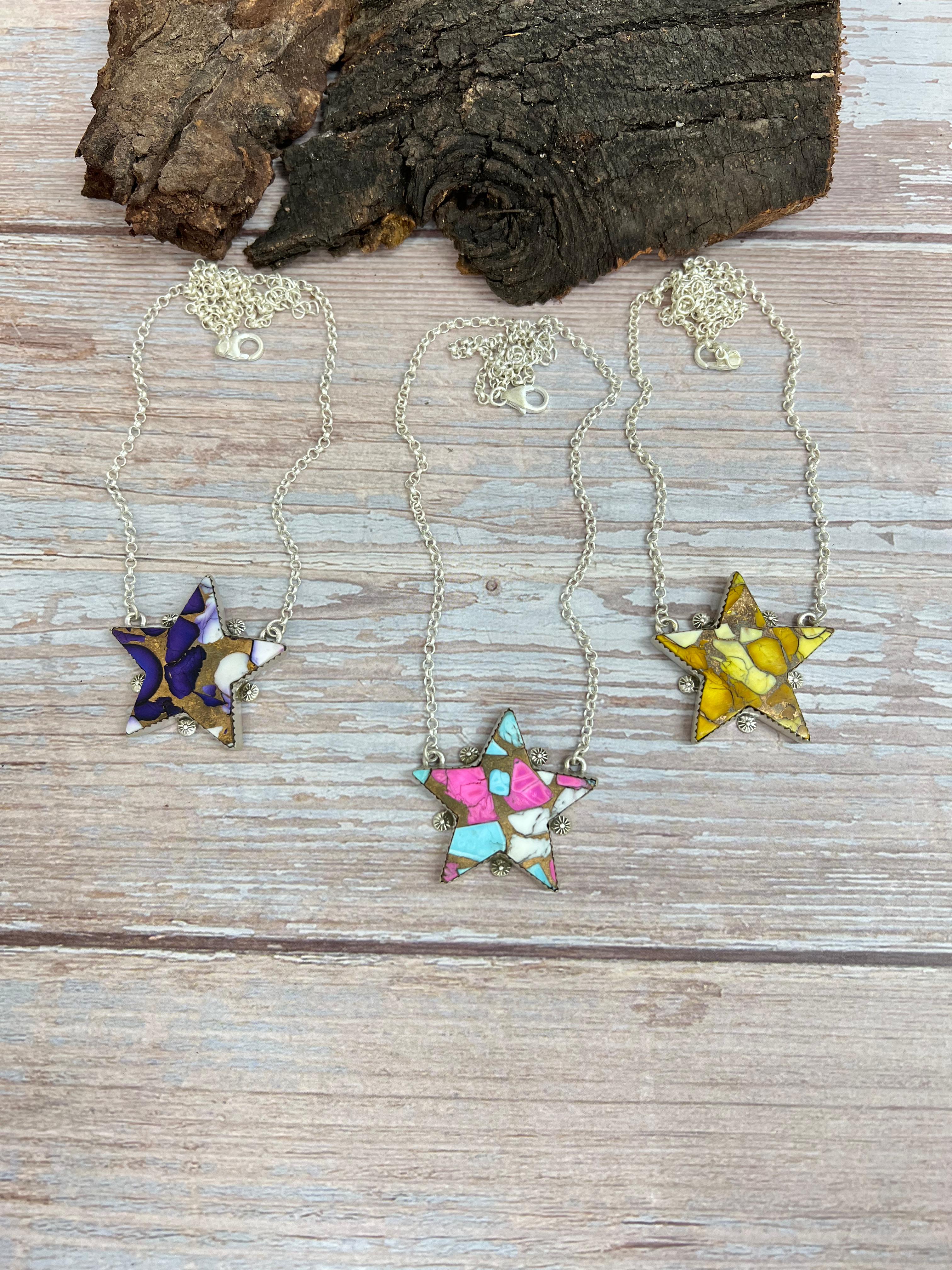 Handmade Sterling Silver Multi Stone Star Necklace, Signed Nizhoni