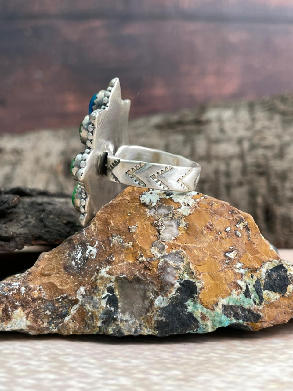 Handmade Sterling Silver Palomino with Peacock Dahlia Adjustable Ring "Signed Nizhoni"