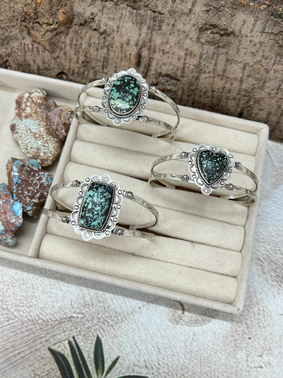 Handmade Sterling Silver Lander Turquoise Cuff Bracelet with Signed Nizhoni