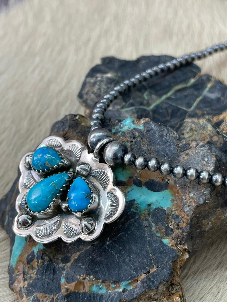 Handmade Sterling Silver Beaded White Water Turquoise Necklace "Signed Nizhoni"