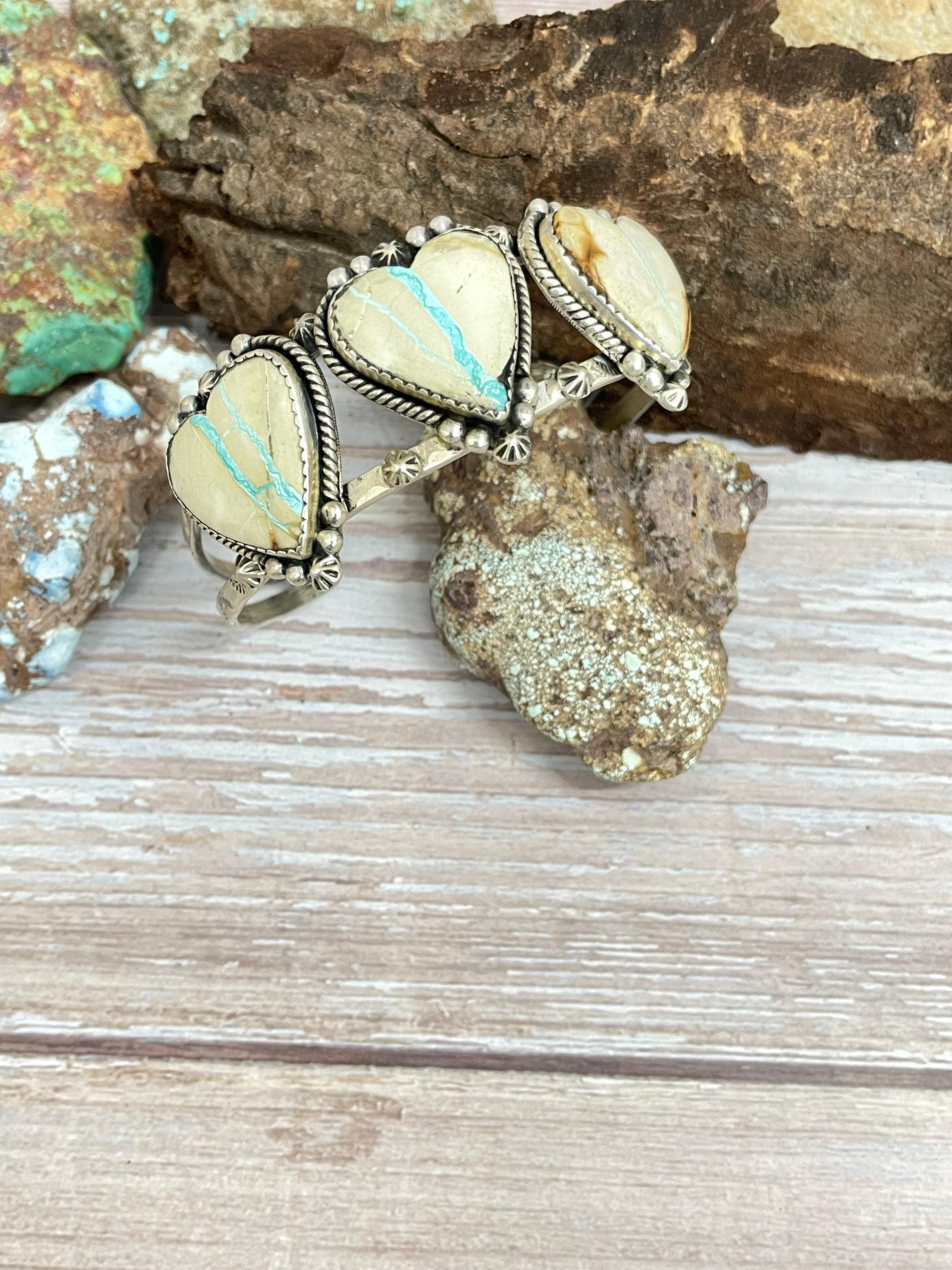 Handmade Sterling Silver Ribbon Royston Heart Cuff Bracelet with Signed Nizhoni