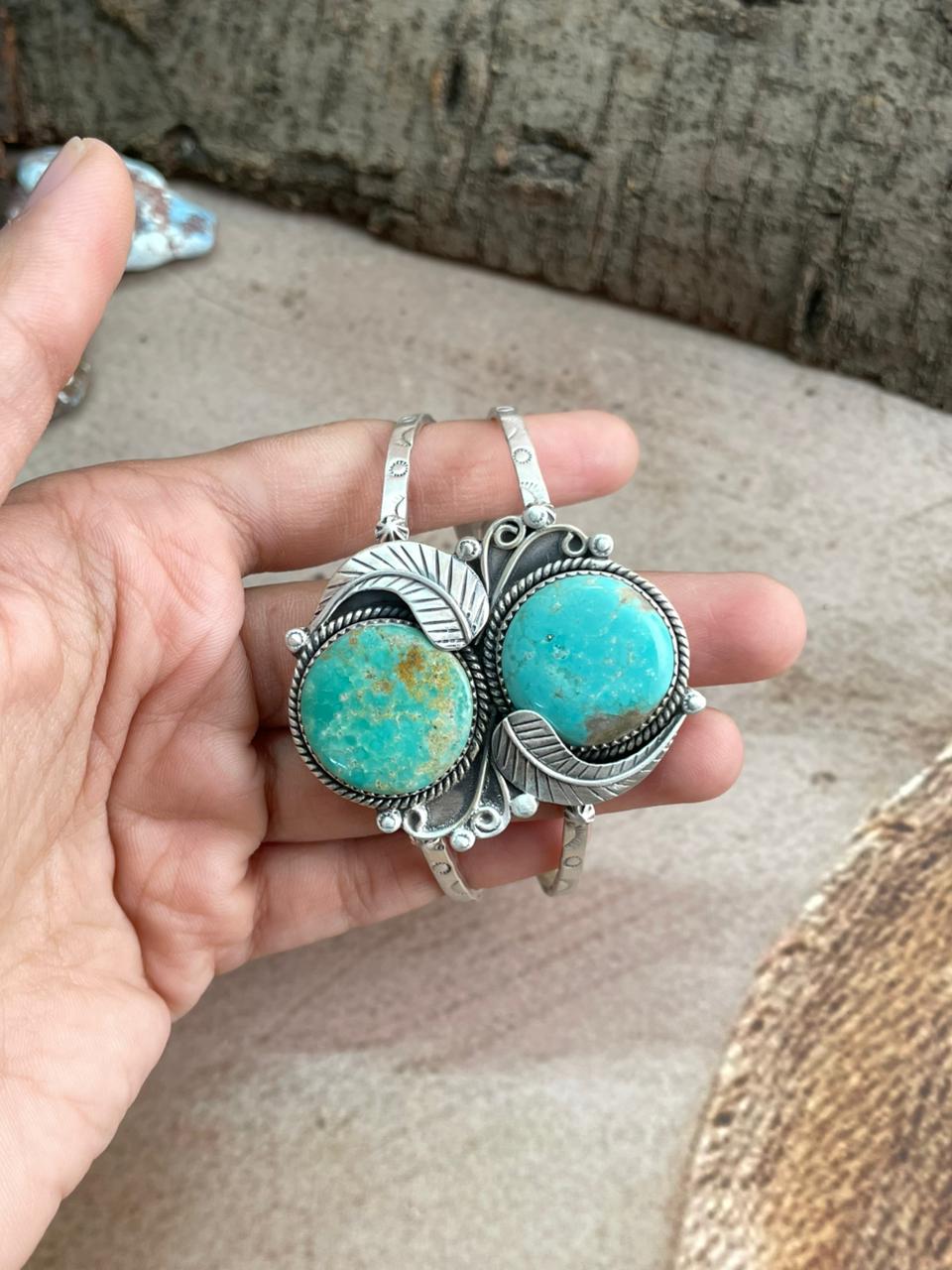 Handmade Sterling Silver Mantis Turquoise Cuff Bracelet with Signed Nizhoni