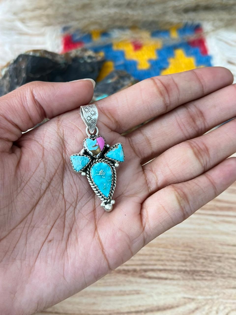 Handmade Sterling Silver Cotton Candy with White Water Turquoise Pendant "Signed Nizhoni"