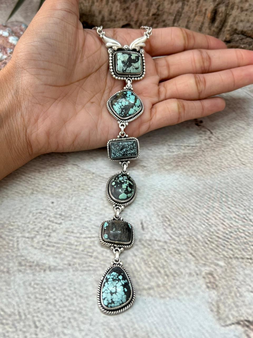 Handmade Sterling Silver Lander Turquoise Necklace with Signed Nizhoni