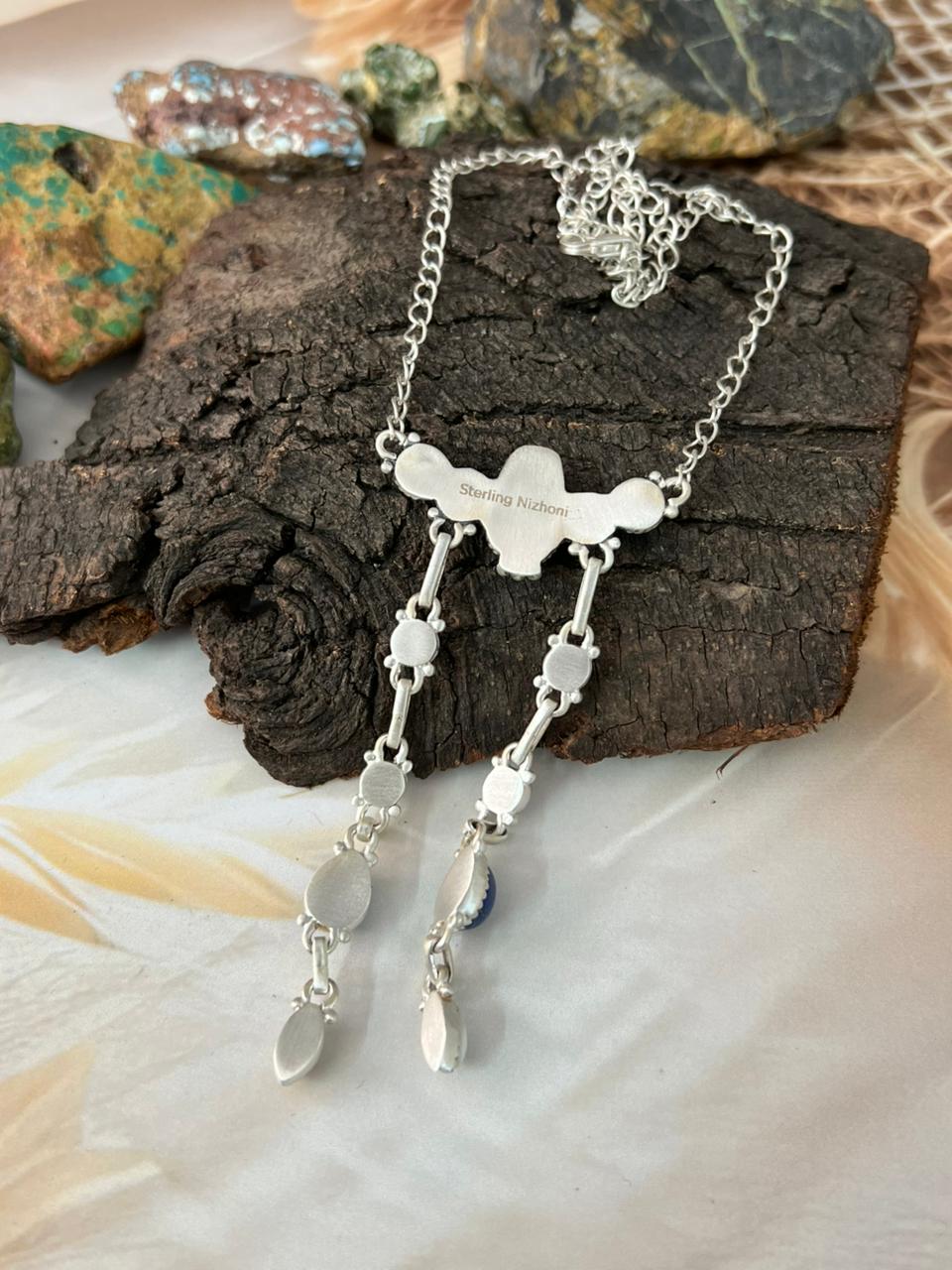 Handmade Sterling Silver White Buffalo with Lapis Necklace "Signed Nizhoni"