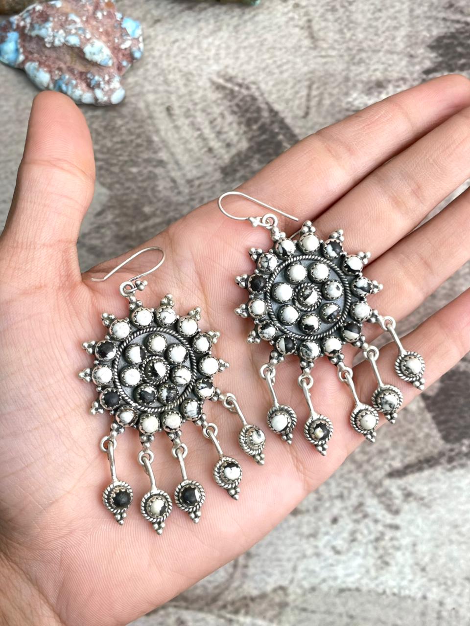 Handmade Sterling Silver White Buffalo Hook Dangle Earrings with Signed Nizhoni