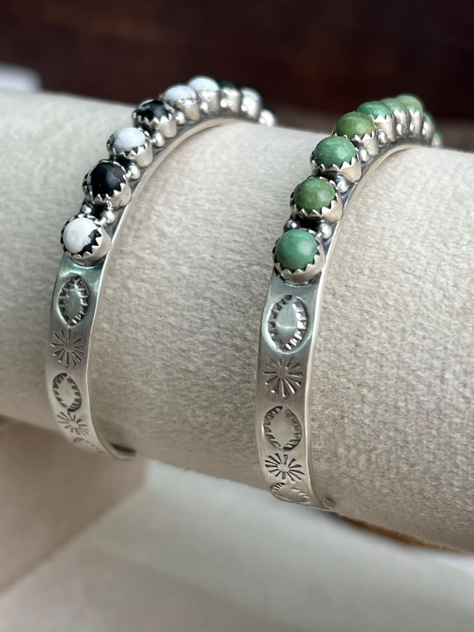 Handmade Sterling Silver White Buffalo, Kingman Turquoise Cuff Bracelet "Signed Nizhoni"