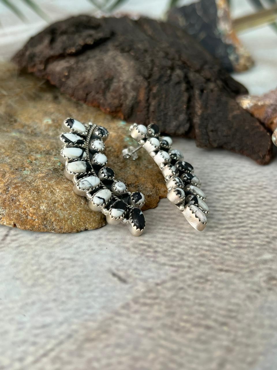 Handmade Sterling Silver White Buffalo Post Studs Earrings "Signed Nizhoni"