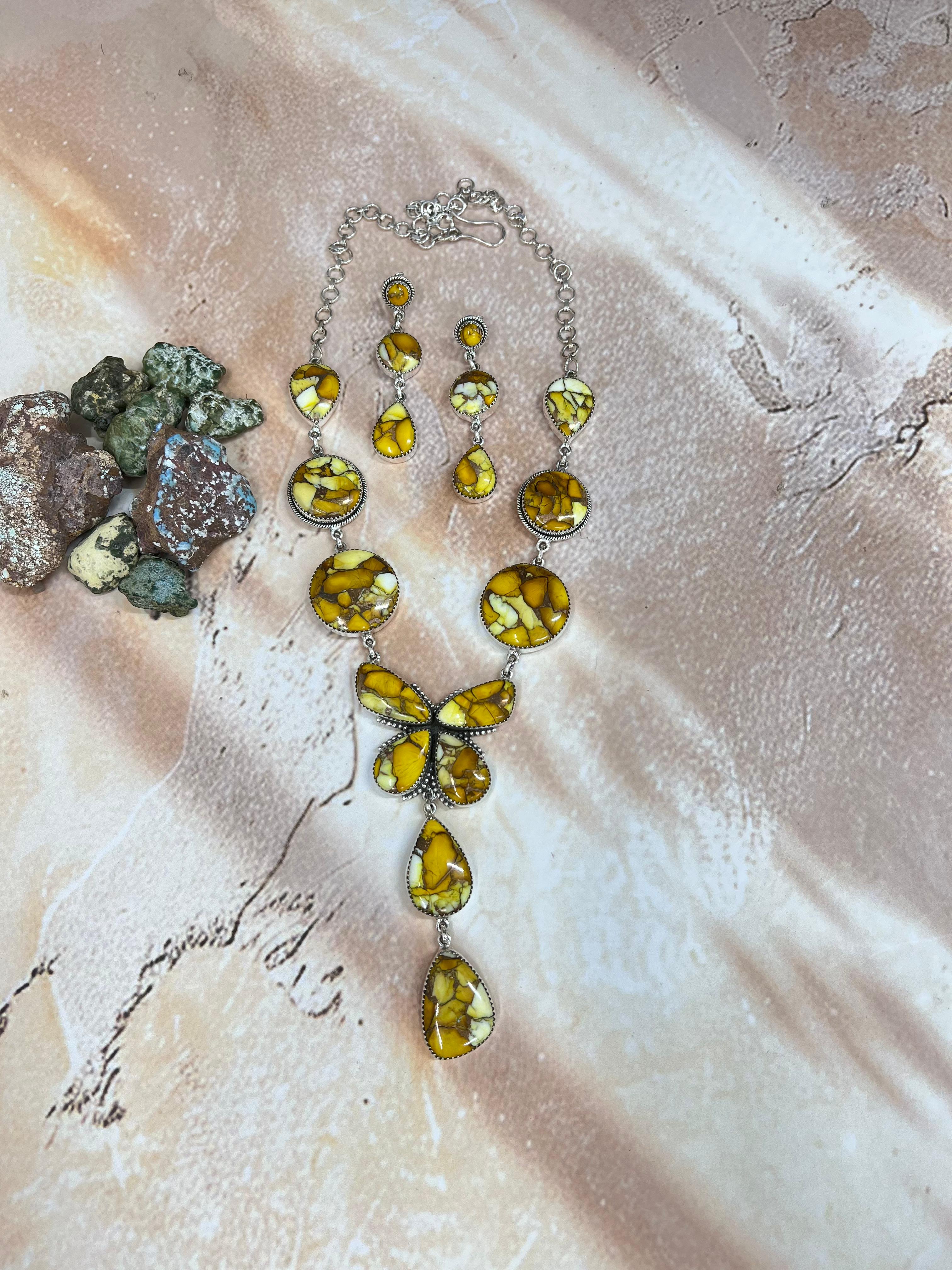 Handmade Sterling Silver Honey Dahlia Necklace Earrings Set, Signed Nizhoni