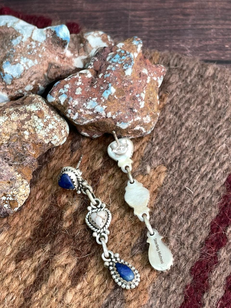 Handmade Sterling Silver Lapis with Wildhorse Magnesite Post Dangle Heart Earrings "Signed Nizhoni"