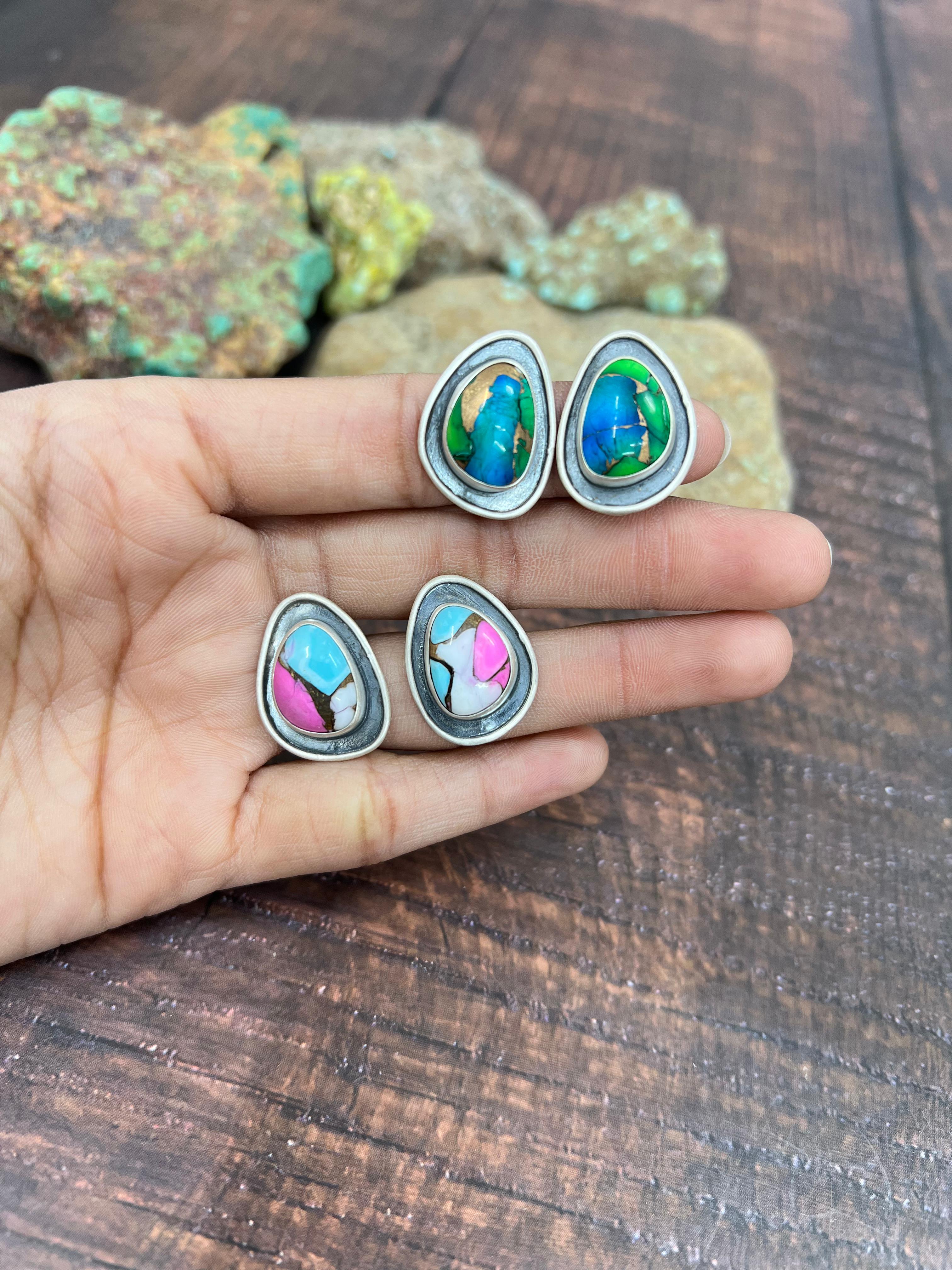 Handmade Sterling Silver Cotton Candy Turquoise, Peacock Dahlia Post Earrings, Signed Nizhoni